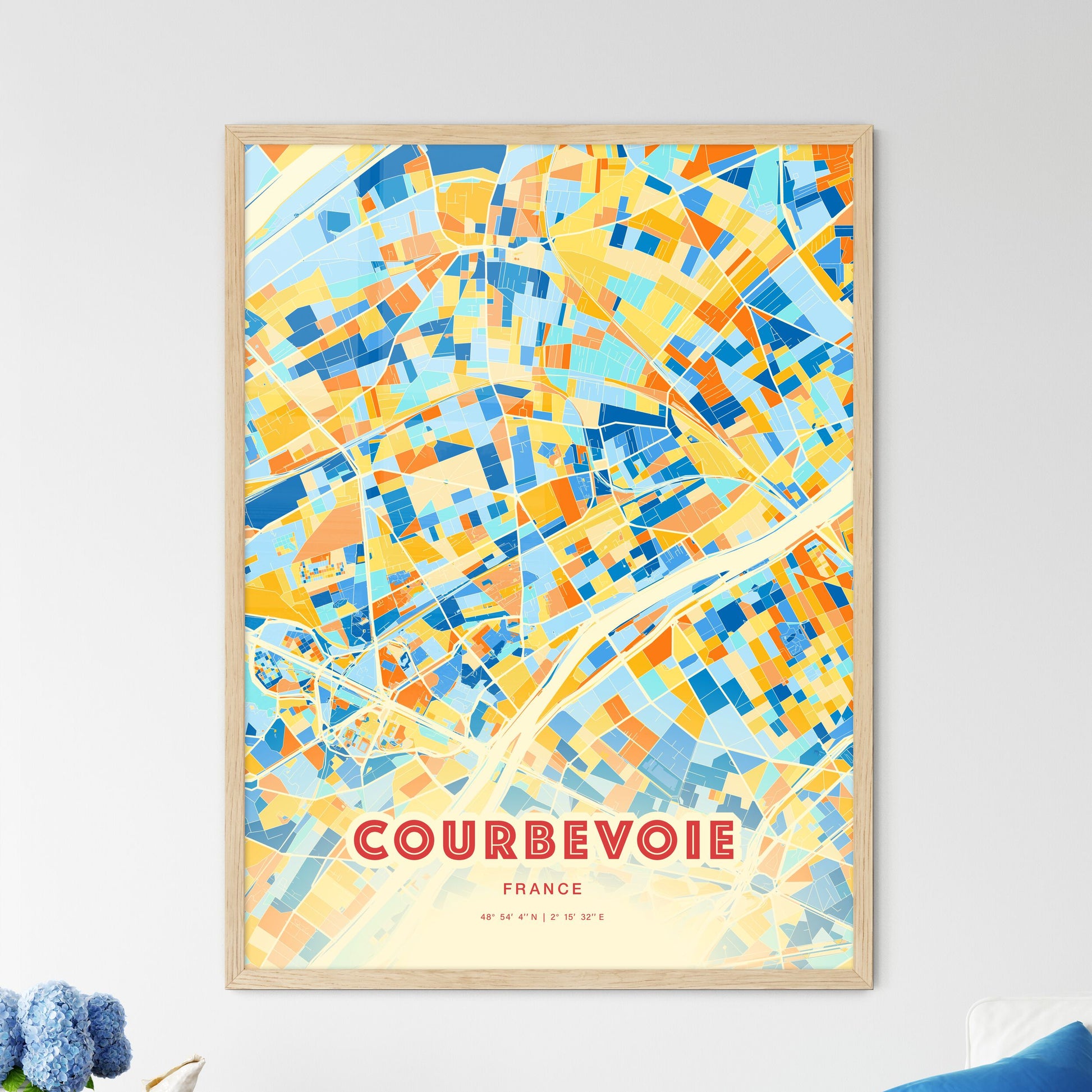 Colorful Courbevoie France Fine Art Map Blue Orange