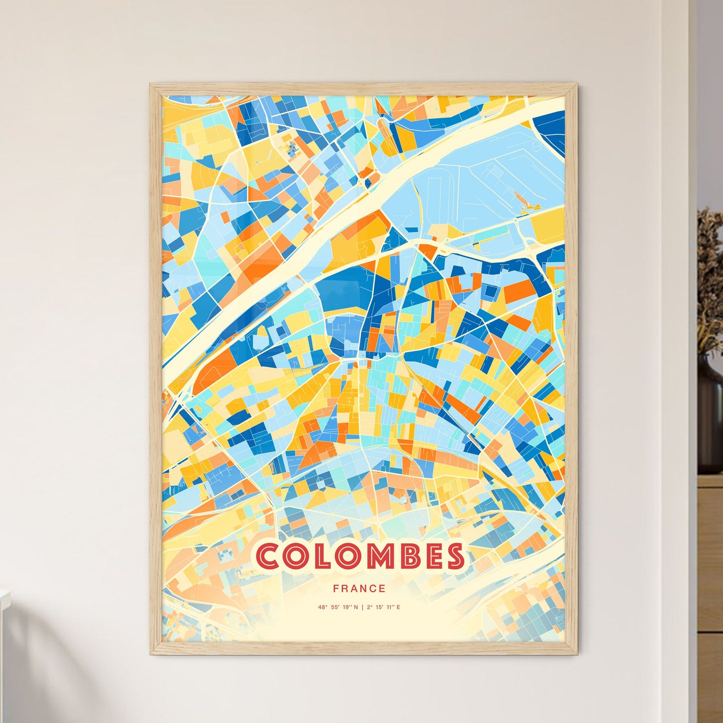 Colorful Colombes France Fine Art Map Blue Orange