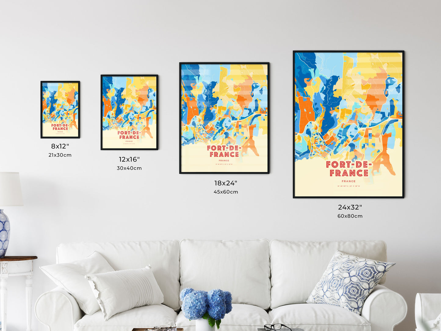 Colorful FORT-DE-FRANCE FRANCE Fine Art Map Blue Orange