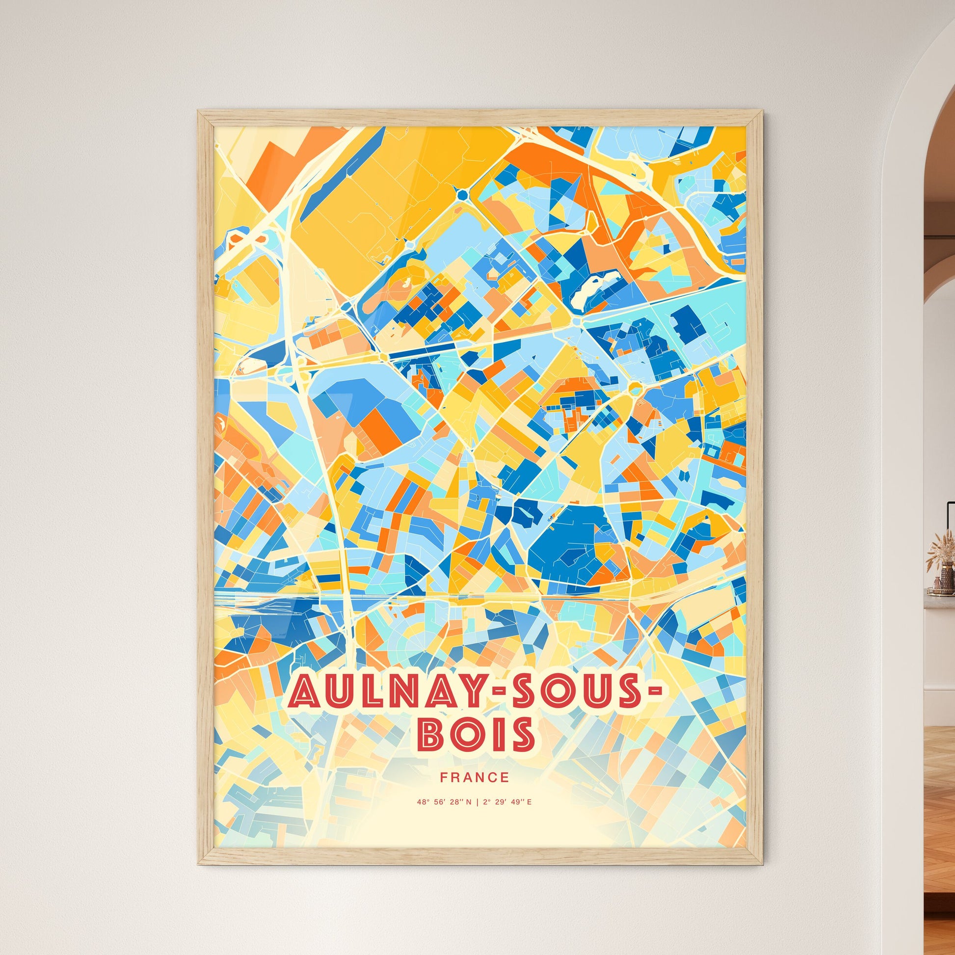 Colorful AULNAY-SOUS-BOIS FRANCE Fine Art Map Blue Orange