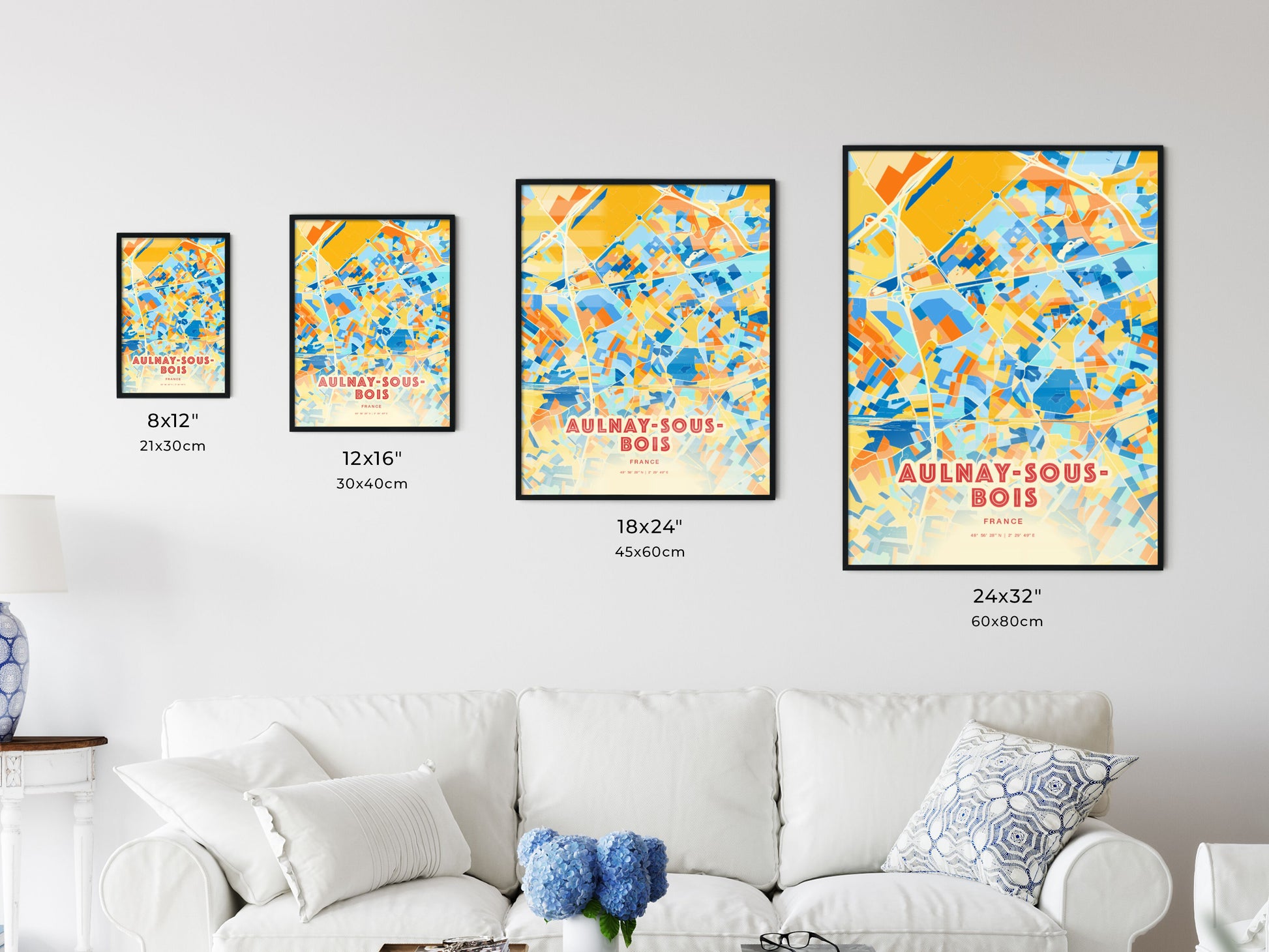 Colorful AULNAY-SOUS-BOIS FRANCE Fine Art Map Blue Orange