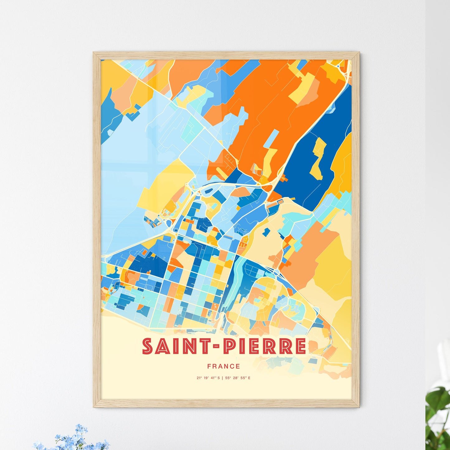 Colorful Saint-Pierre France Fine Art Map Blue Orange