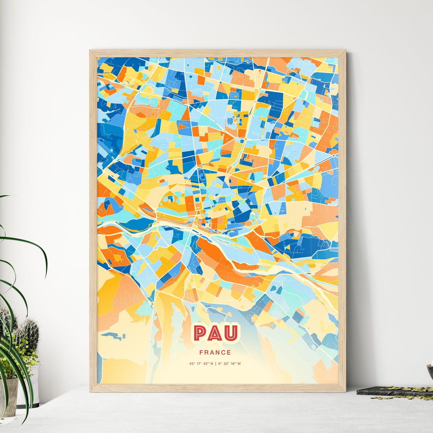 Colorful Pau France Fine Art Map Blue Orange