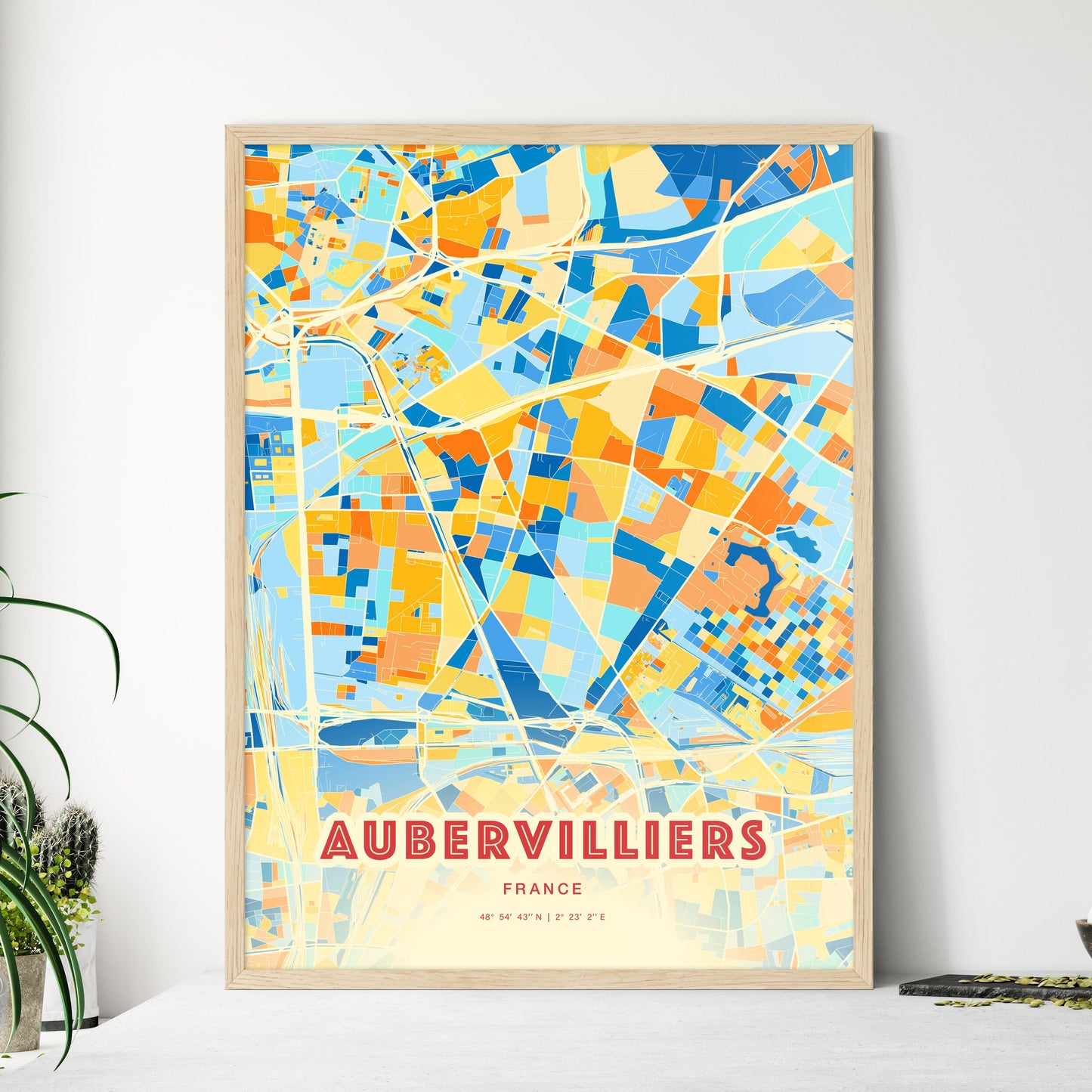 Colorful Aubervilliers France Fine Art Map Blue Orange