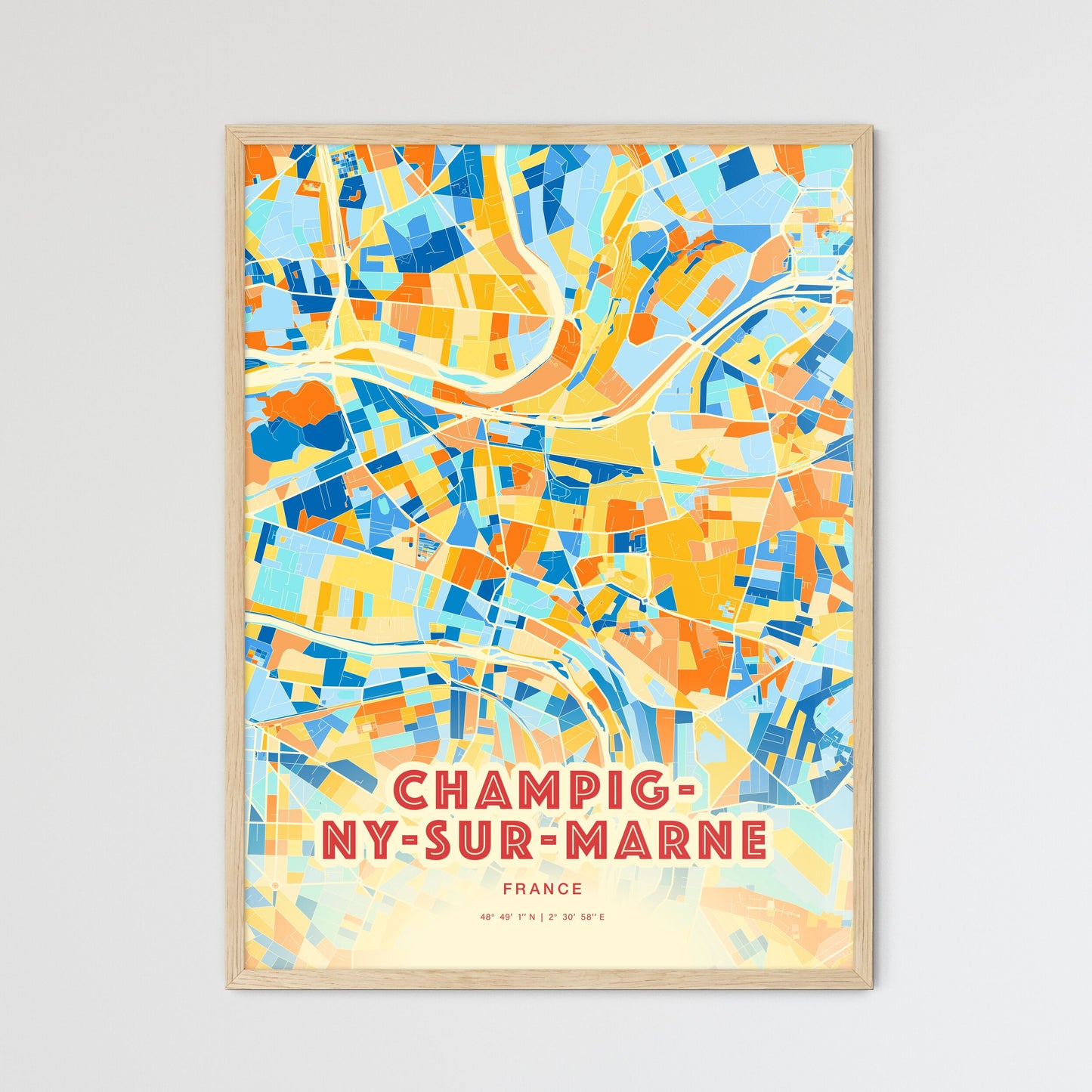 Colorful CHAMPIGNY-SUR-MARNE FRANCE Fine Art Map Blue Orange