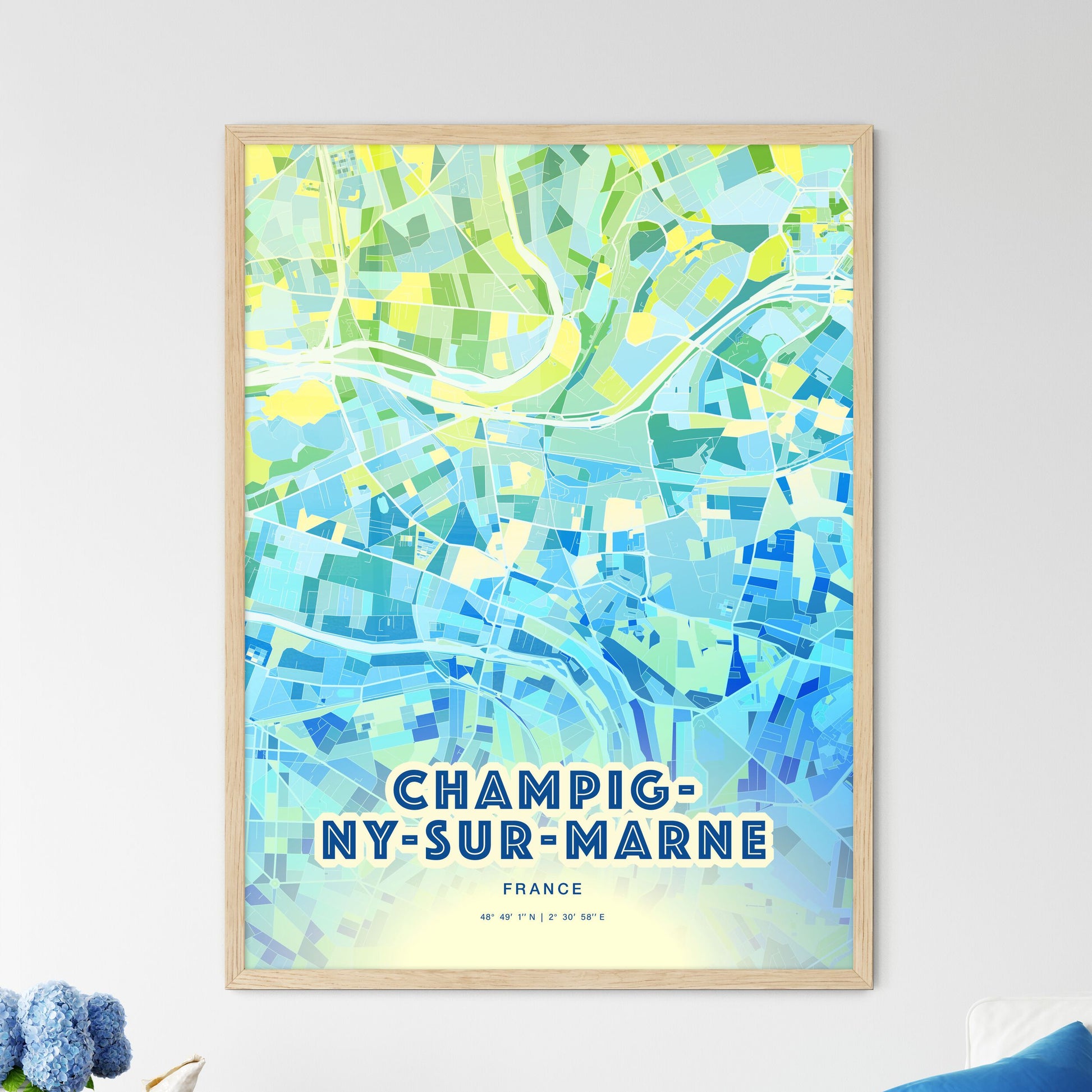 Colorful CHAMPIGNY-SUR-MARNE FRANCE Fine Art Map Cool Blue