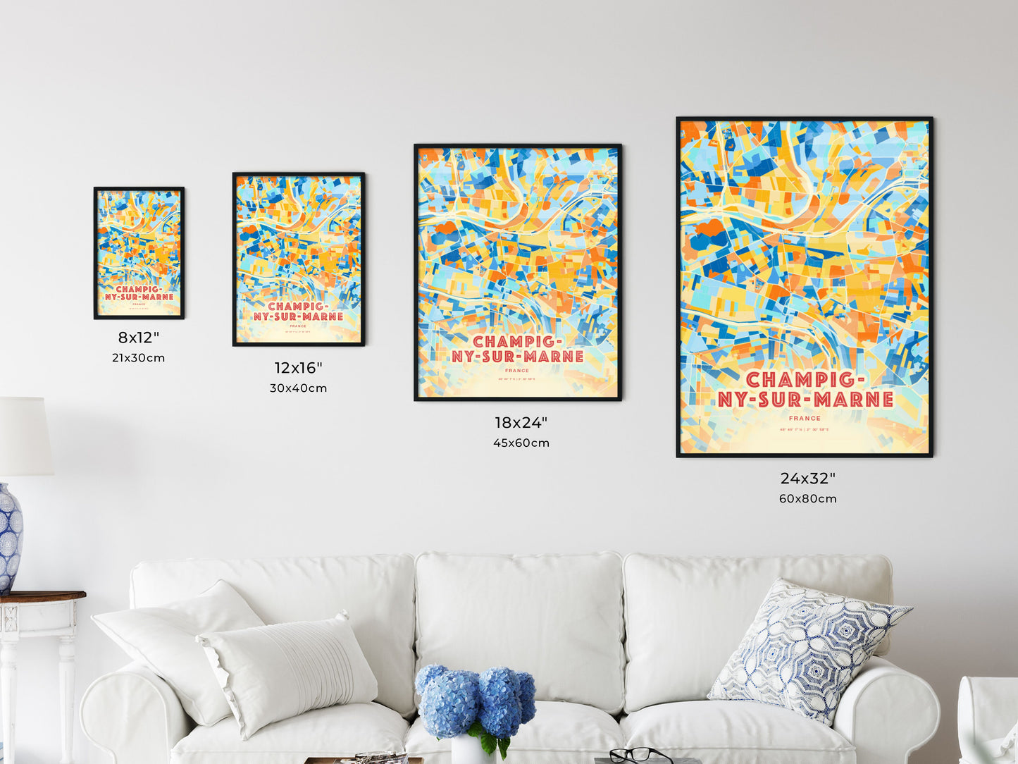 Colorful CHAMPIGNY-SUR-MARNE FRANCE Fine Art Map Blue Orange