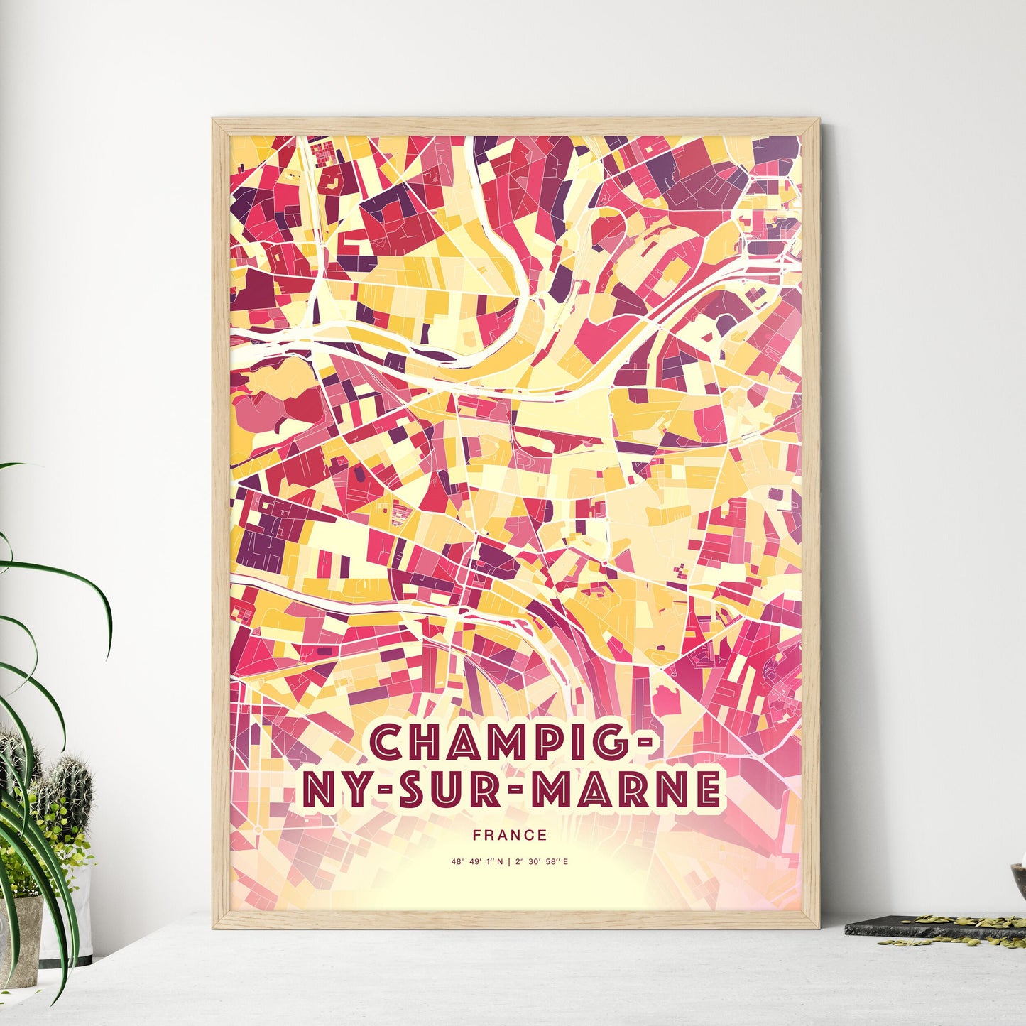 Colorful CHAMPIGNY-SUR-MARNE FRANCE Fine Art Map Hot Red