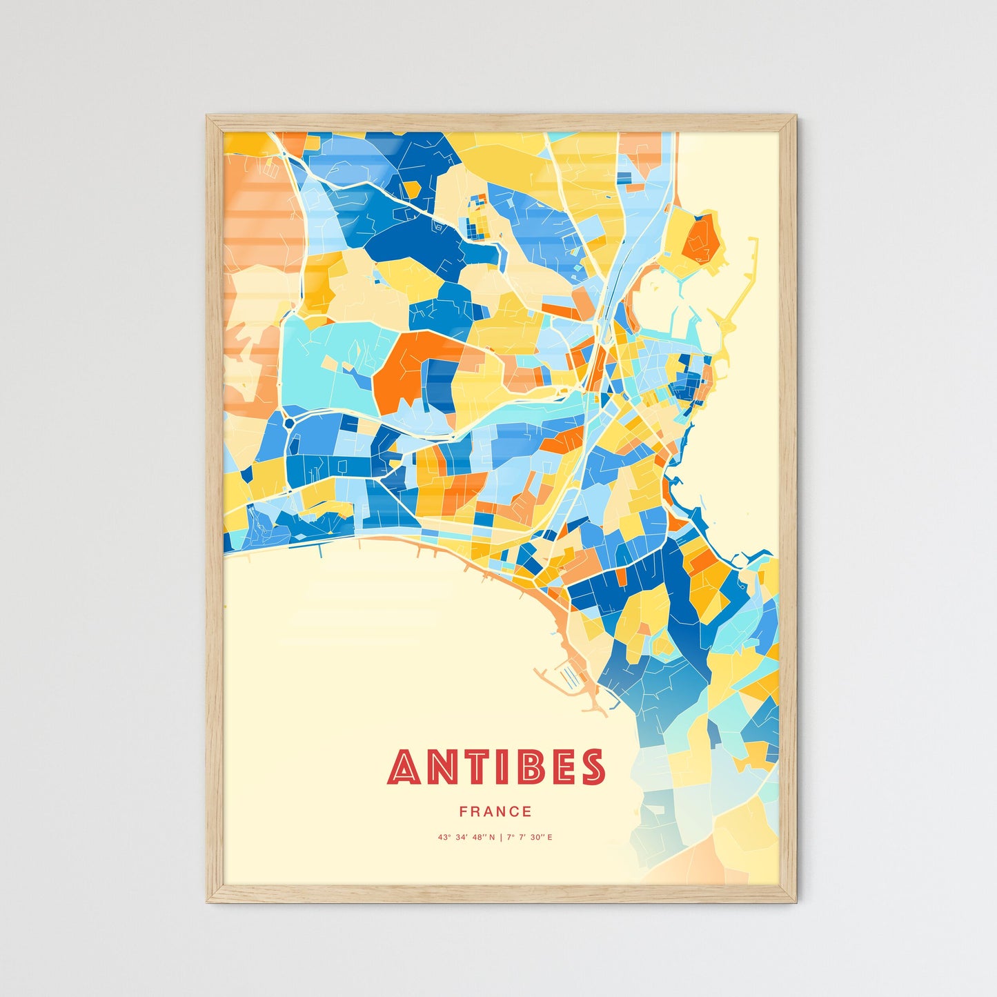 Colorful Antibes France Fine Art Map Blue Orange