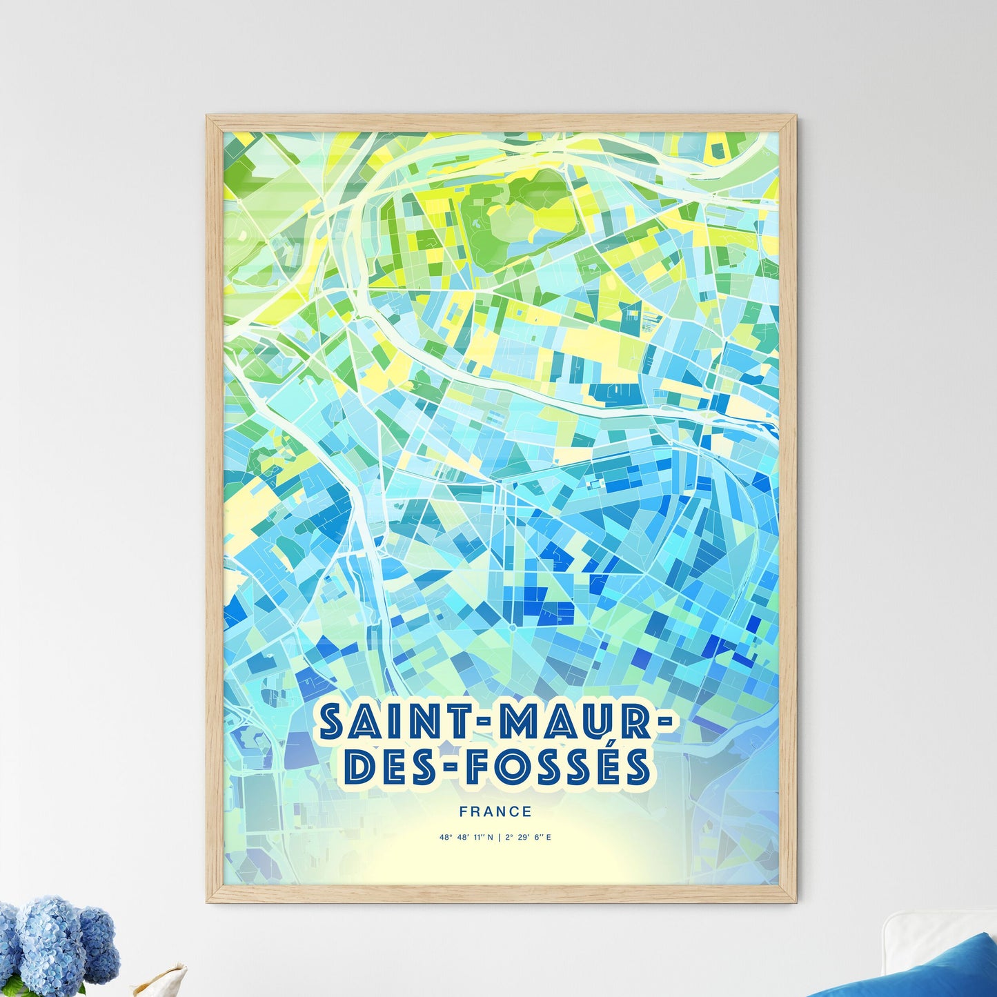 Colorful SAINT-MAUR-DES-FOSSÉS FRANCE Fine Art Map Cool Blue