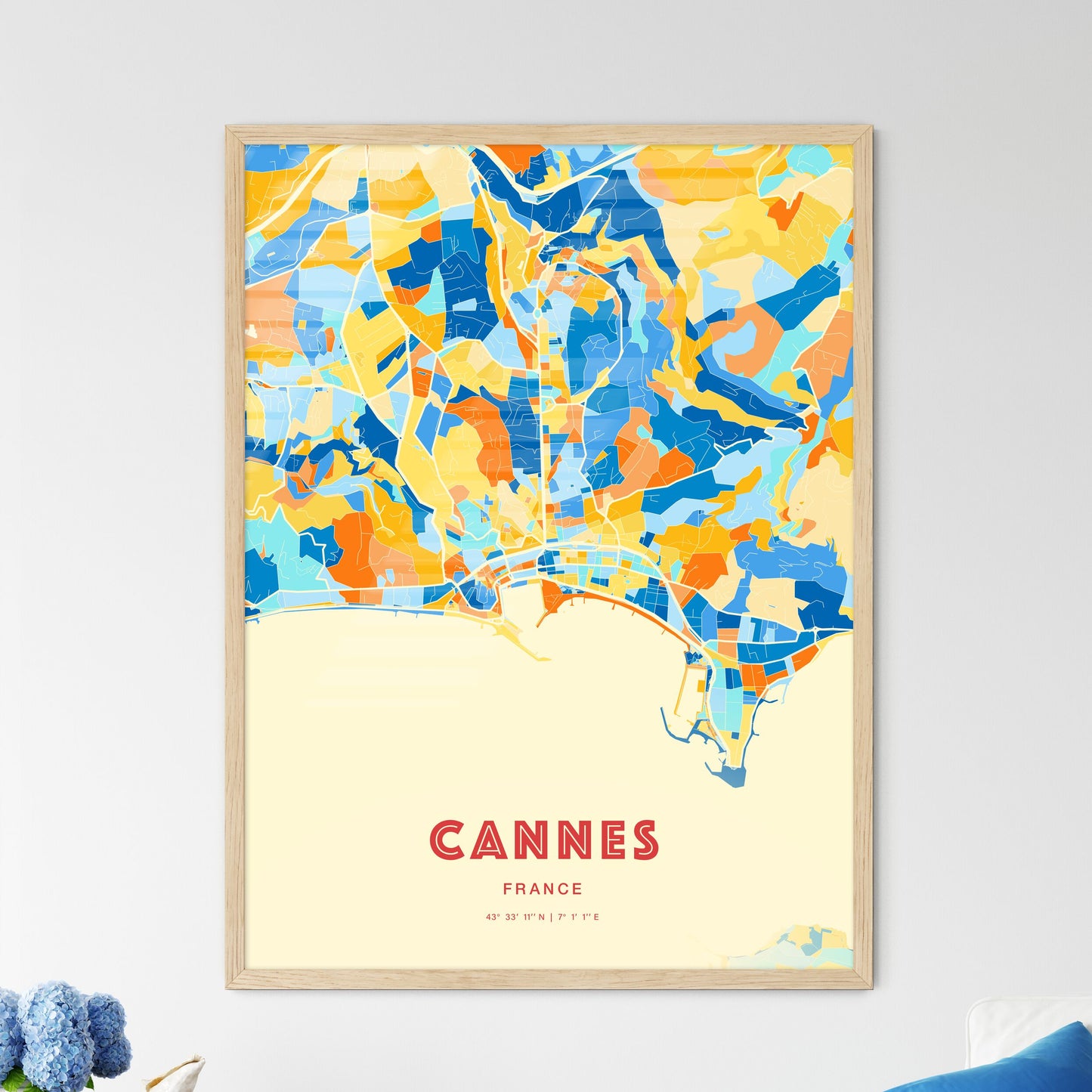 Colorful Cannes France Fine Art Map Blue Orange