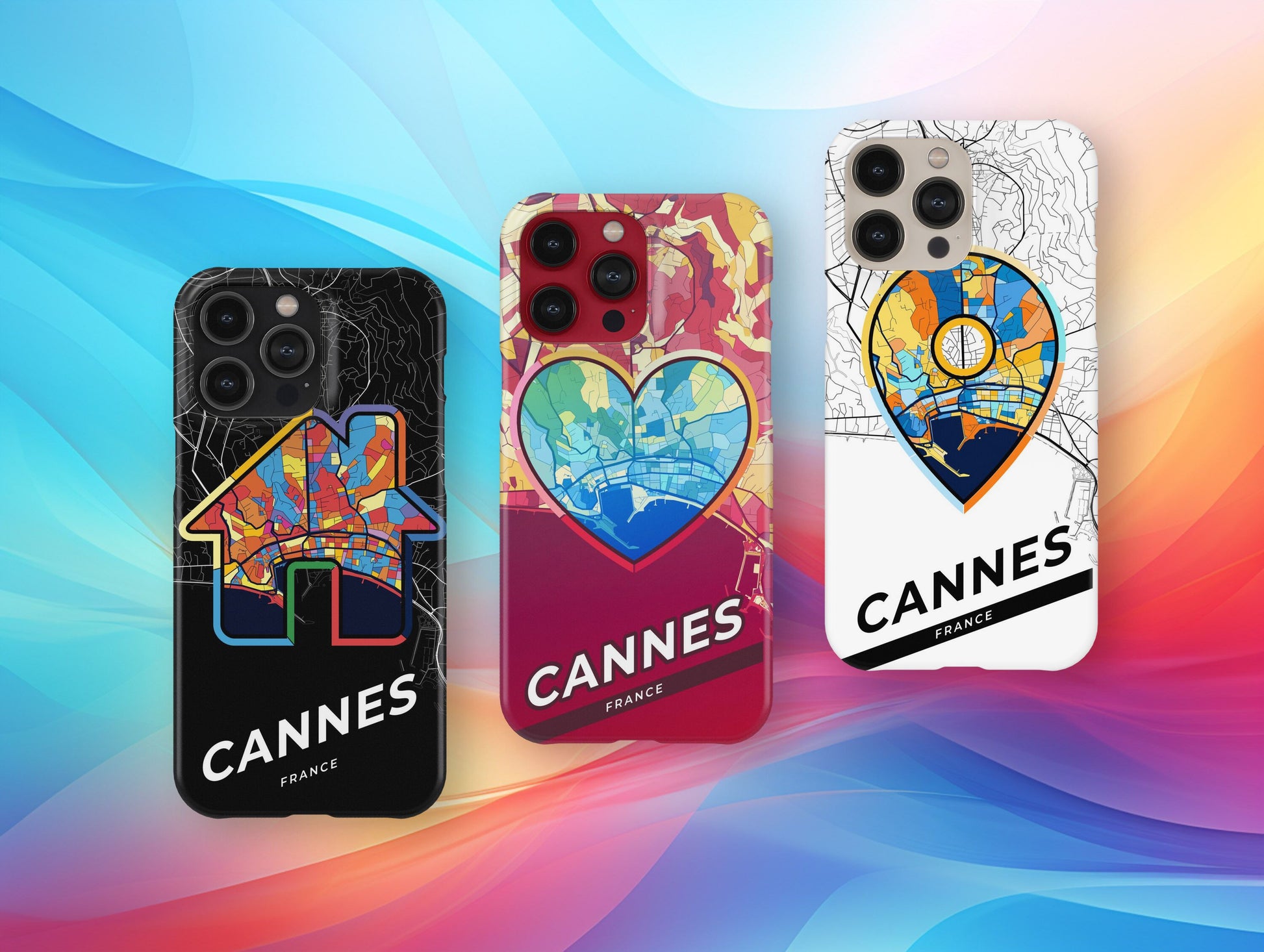 Cannes France slim phone case with colorful icon. Birthday, wedding or housewarming gift. Couple match cases.