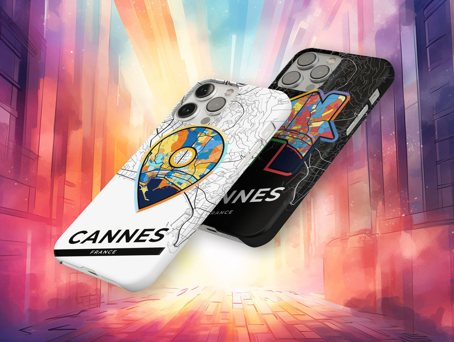 Cannes France slim phone case with colorful icon. Birthday, wedding or housewarming gift. Couple match cases.