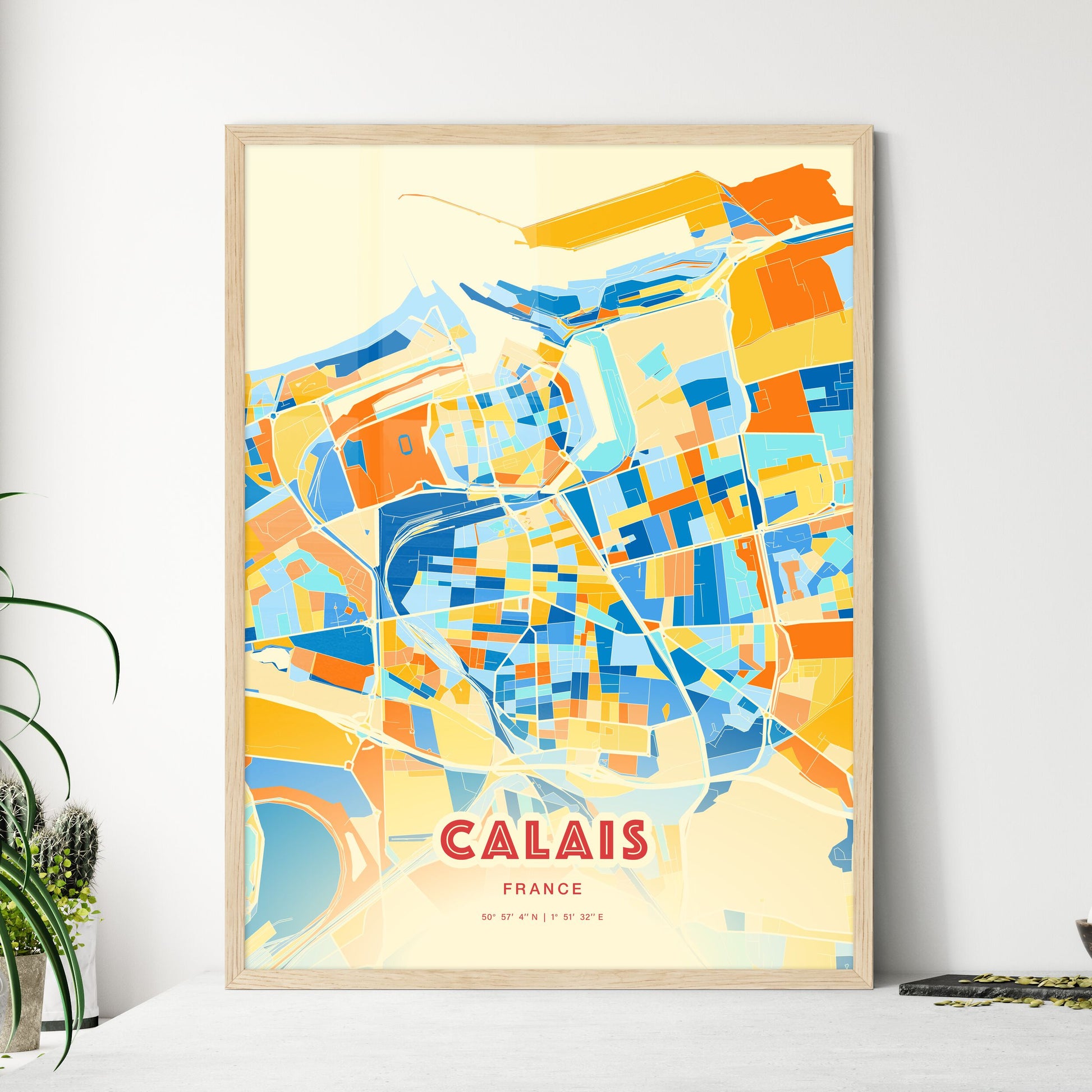 Colorful Calais France Fine Art Map Blue Orange