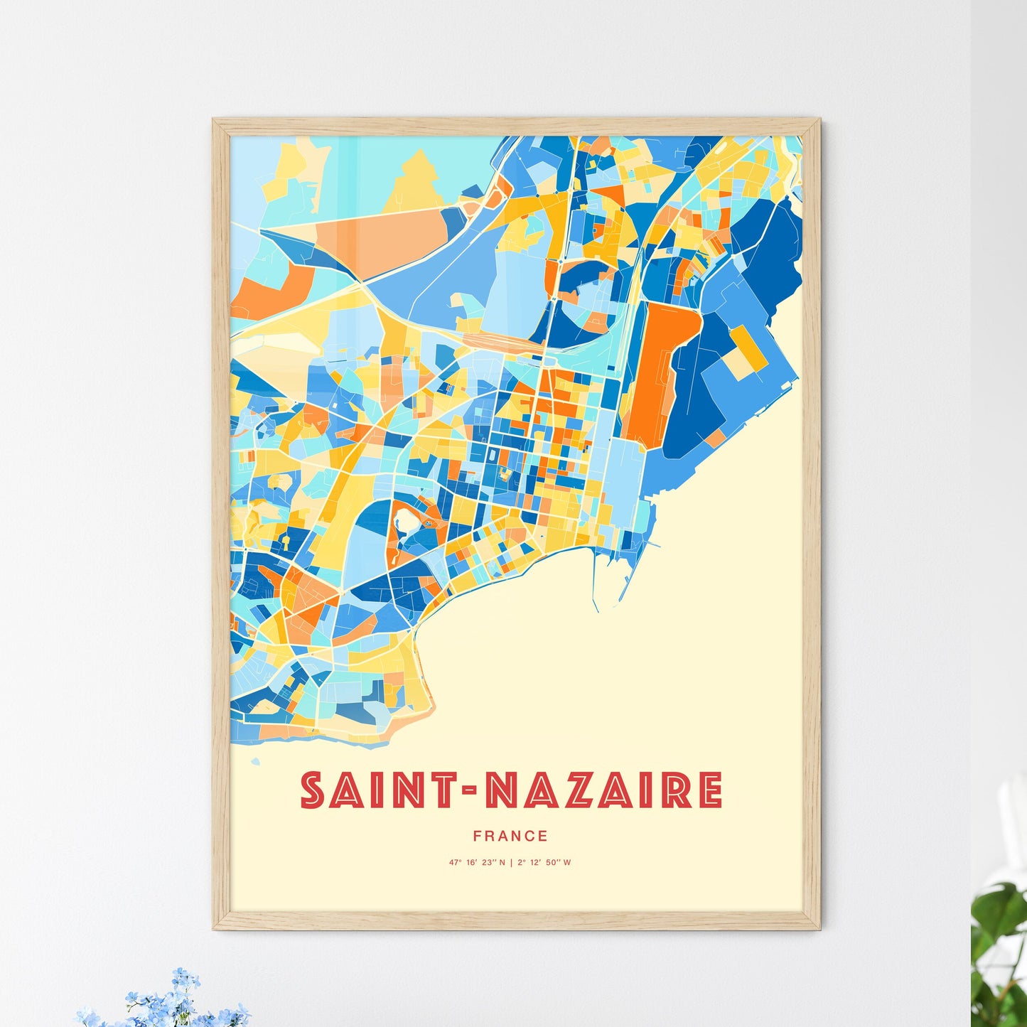 Colorful SAINT-NAZAIRE FRANCE Fine Art Map Blue Orange