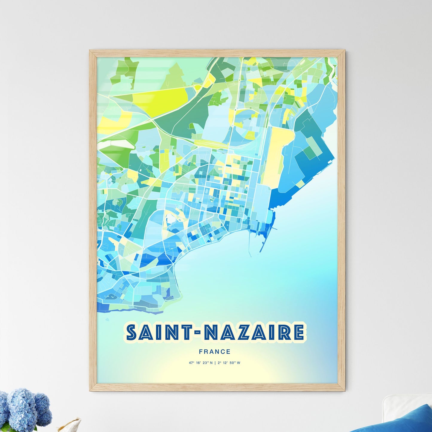 Colorful SAINT-NAZAIRE FRANCE Fine Art Map Cool Blue