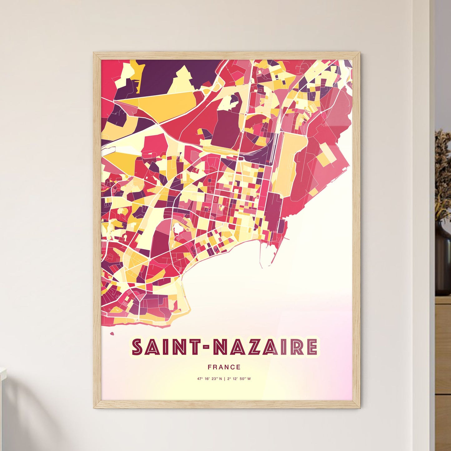 Colorful SAINT-NAZAIRE FRANCE Fine Art Map Hot Red