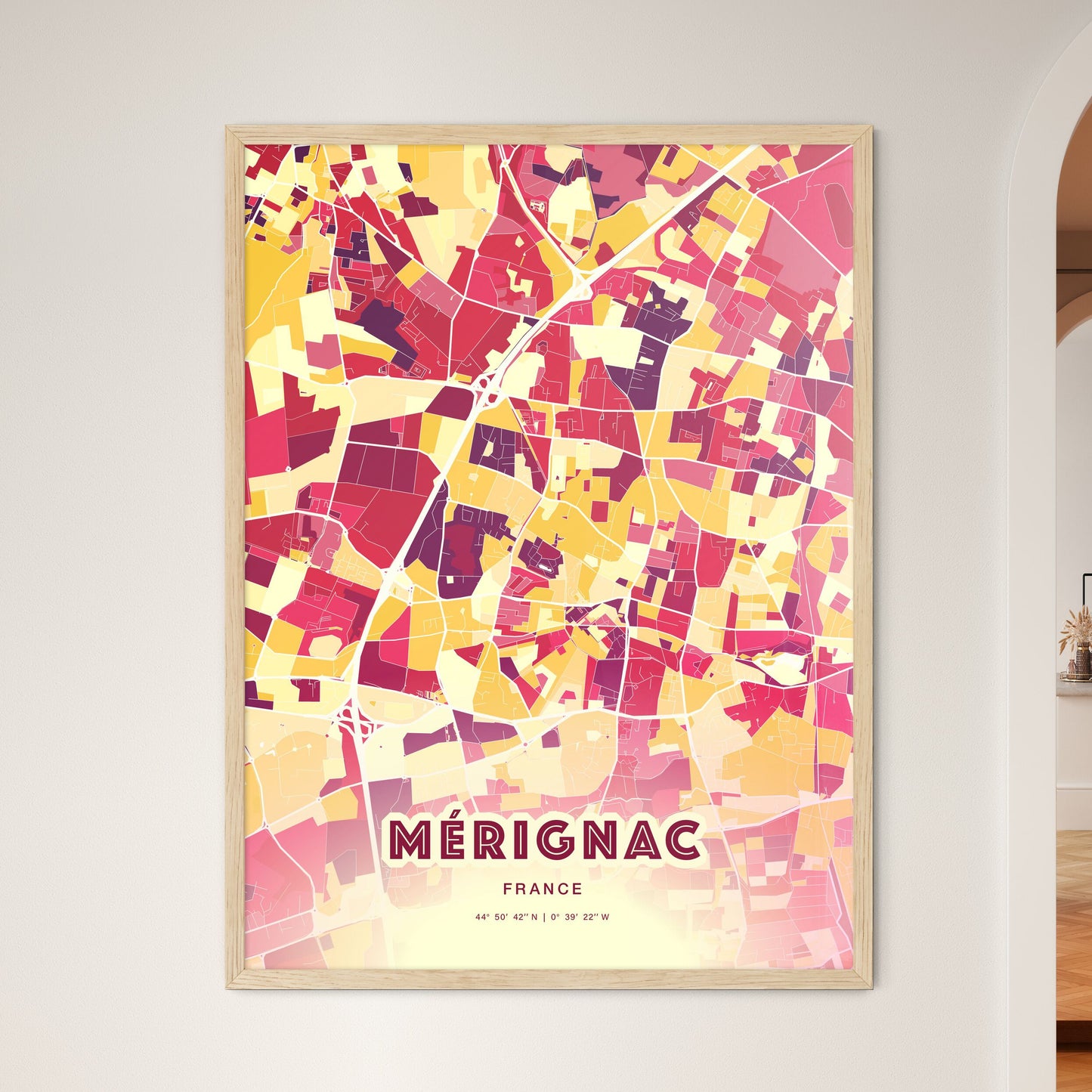 Colorful MÉRIGNAC FRANCE Fine Art Map Hot Red