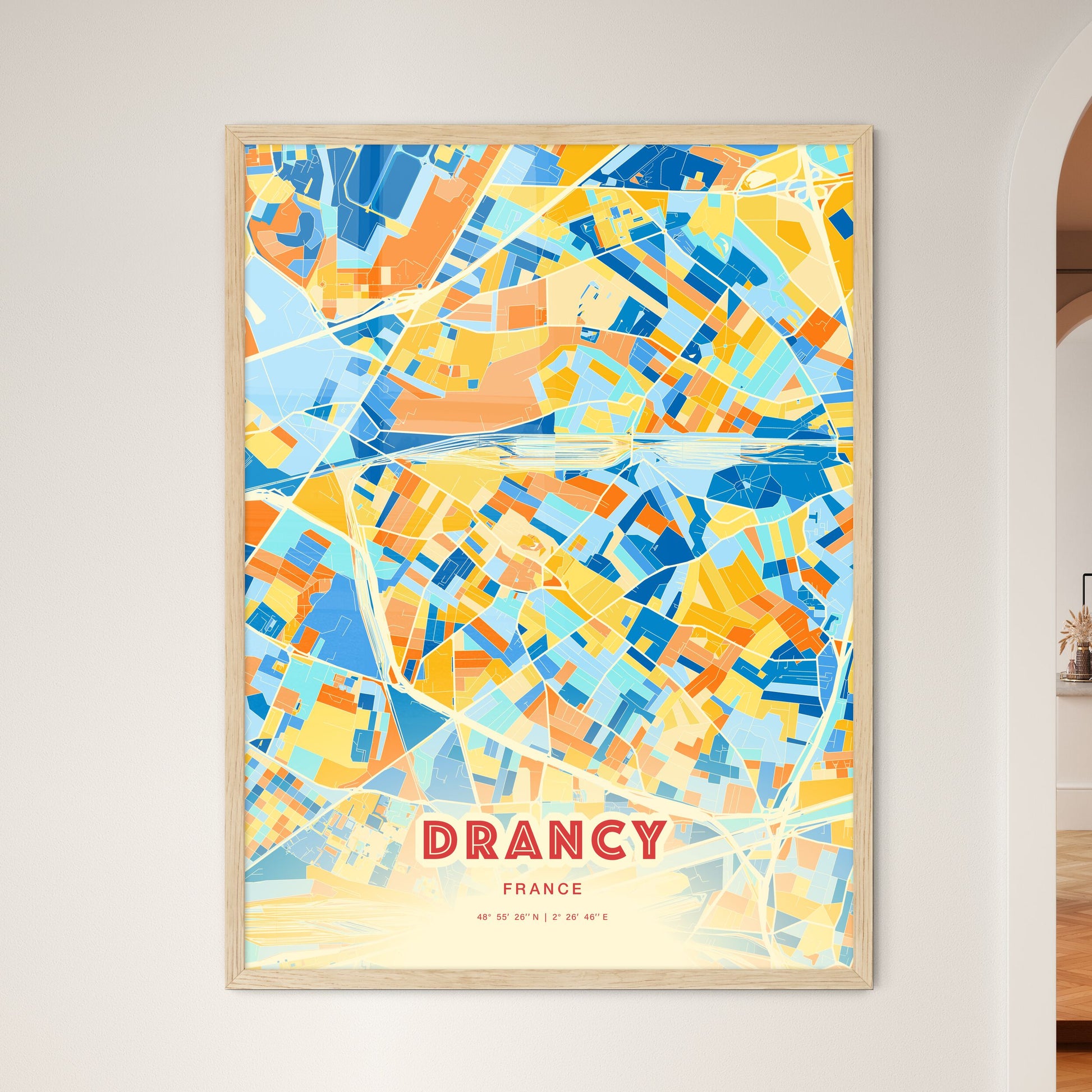 Colorful DRANCY FRANCE Fine Art Map Blue Orange