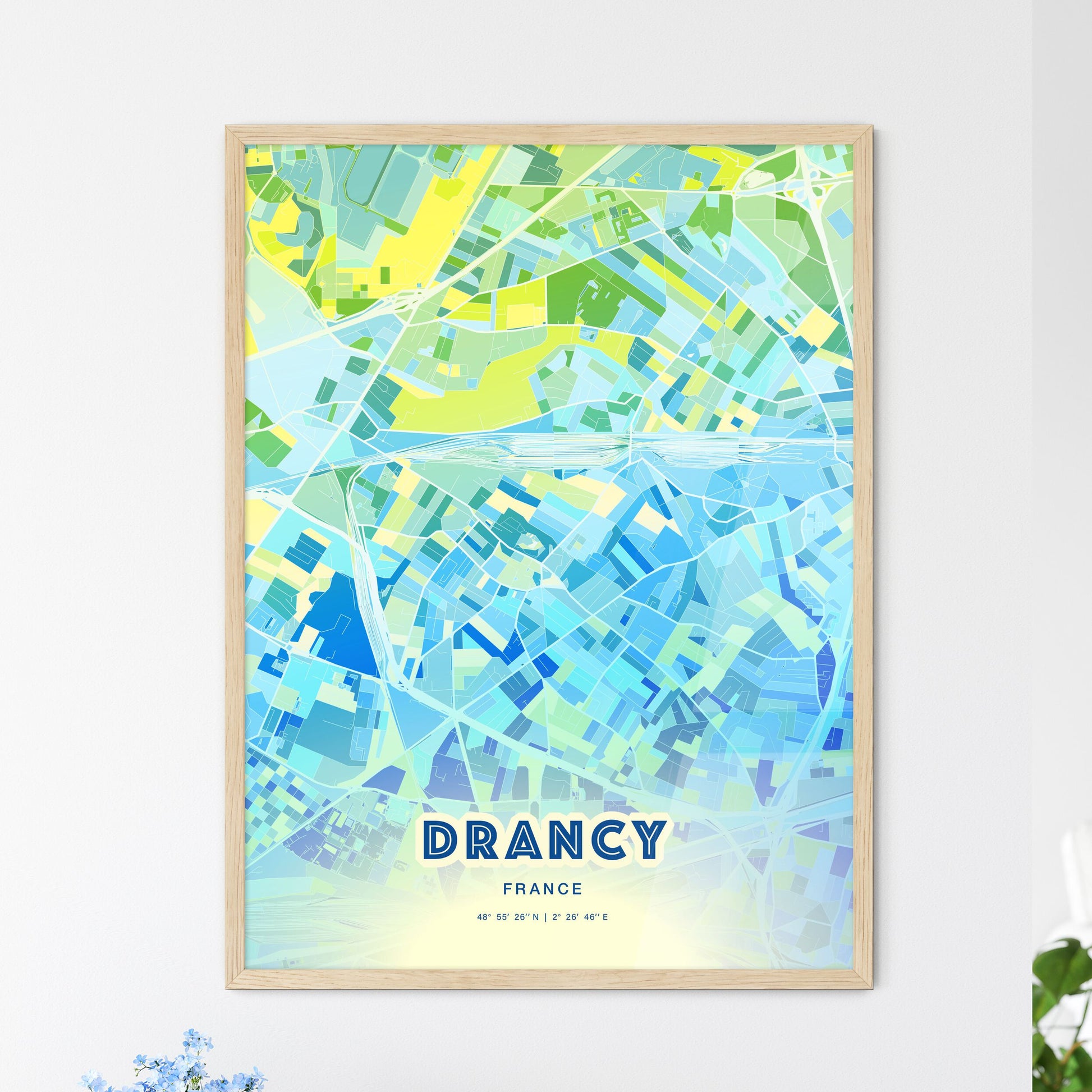 Colorful DRANCY FRANCE Fine Art Map Cool Blue