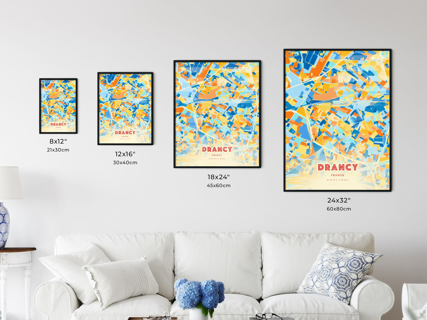 Colorful DRANCY FRANCE Fine Art Map Blue Orange