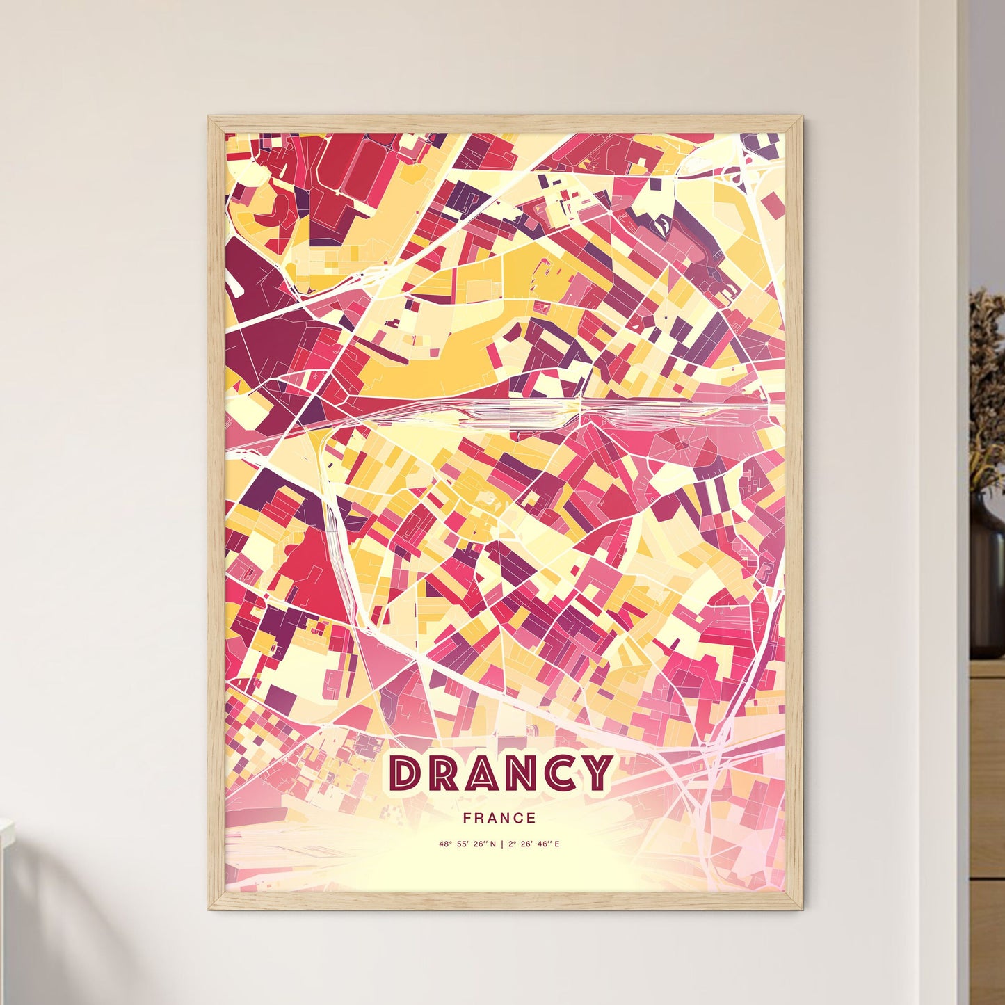 Colorful DRANCY FRANCE Fine Art Map Hot Red