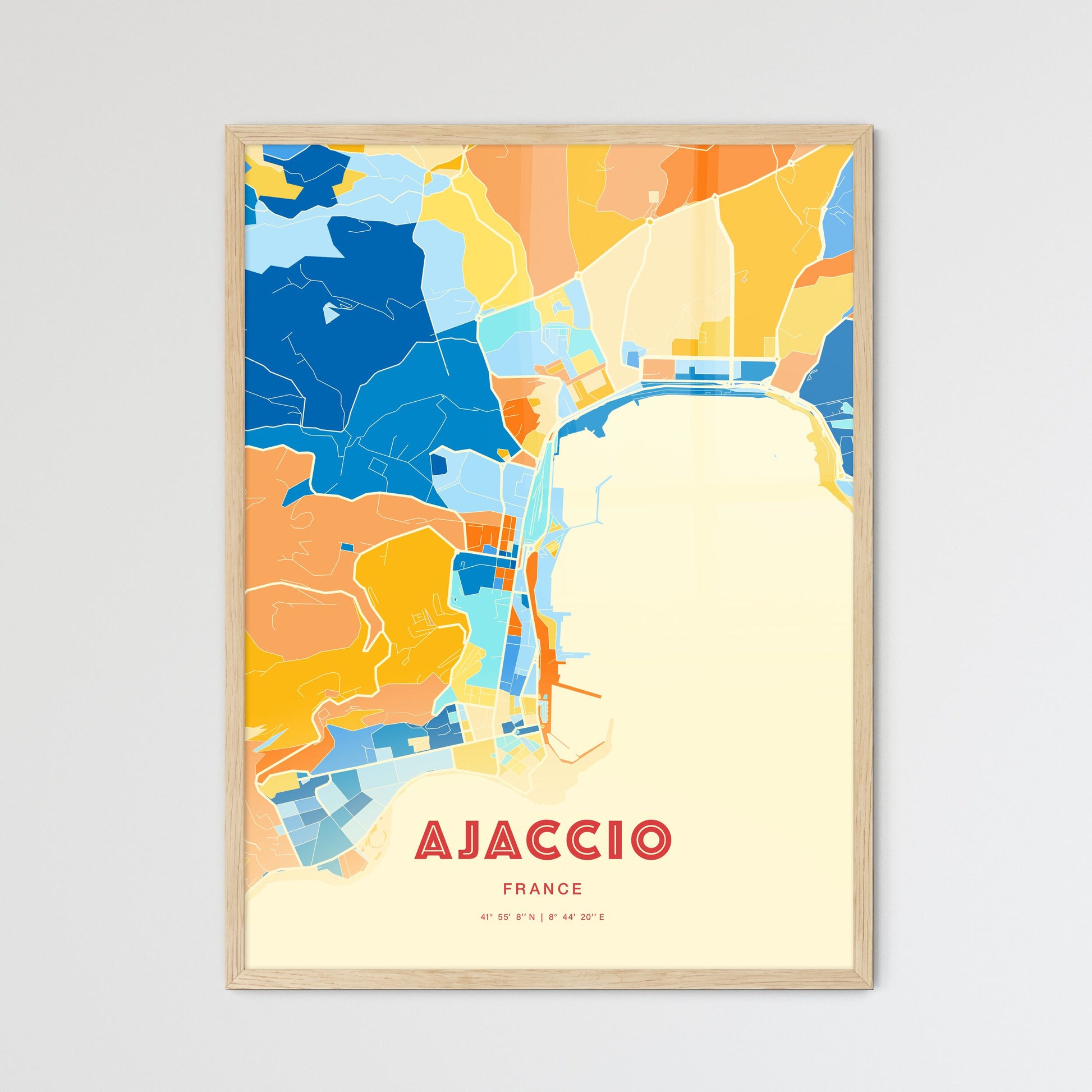 Colorful Ajaccio France Fine Art Map Blue Orange