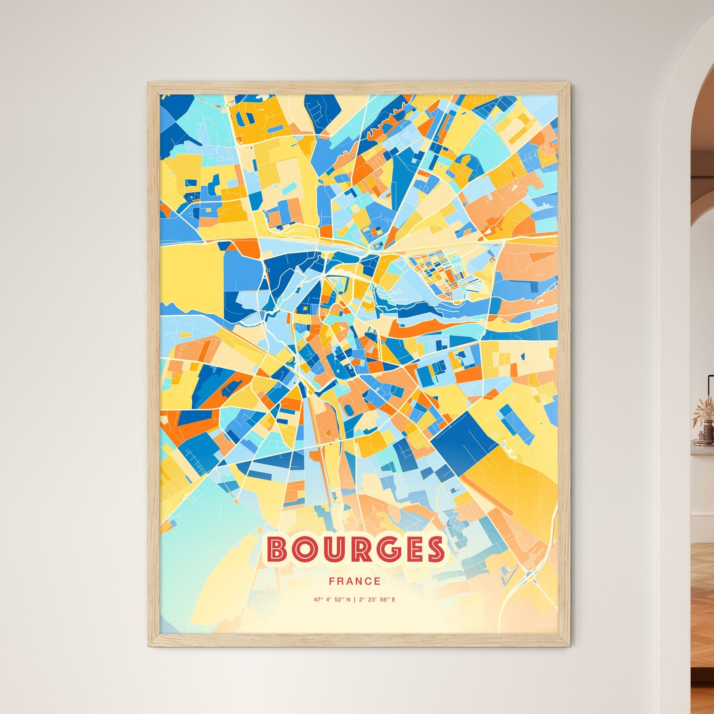 Colorful Bourges France Fine Art Map Blue Orange