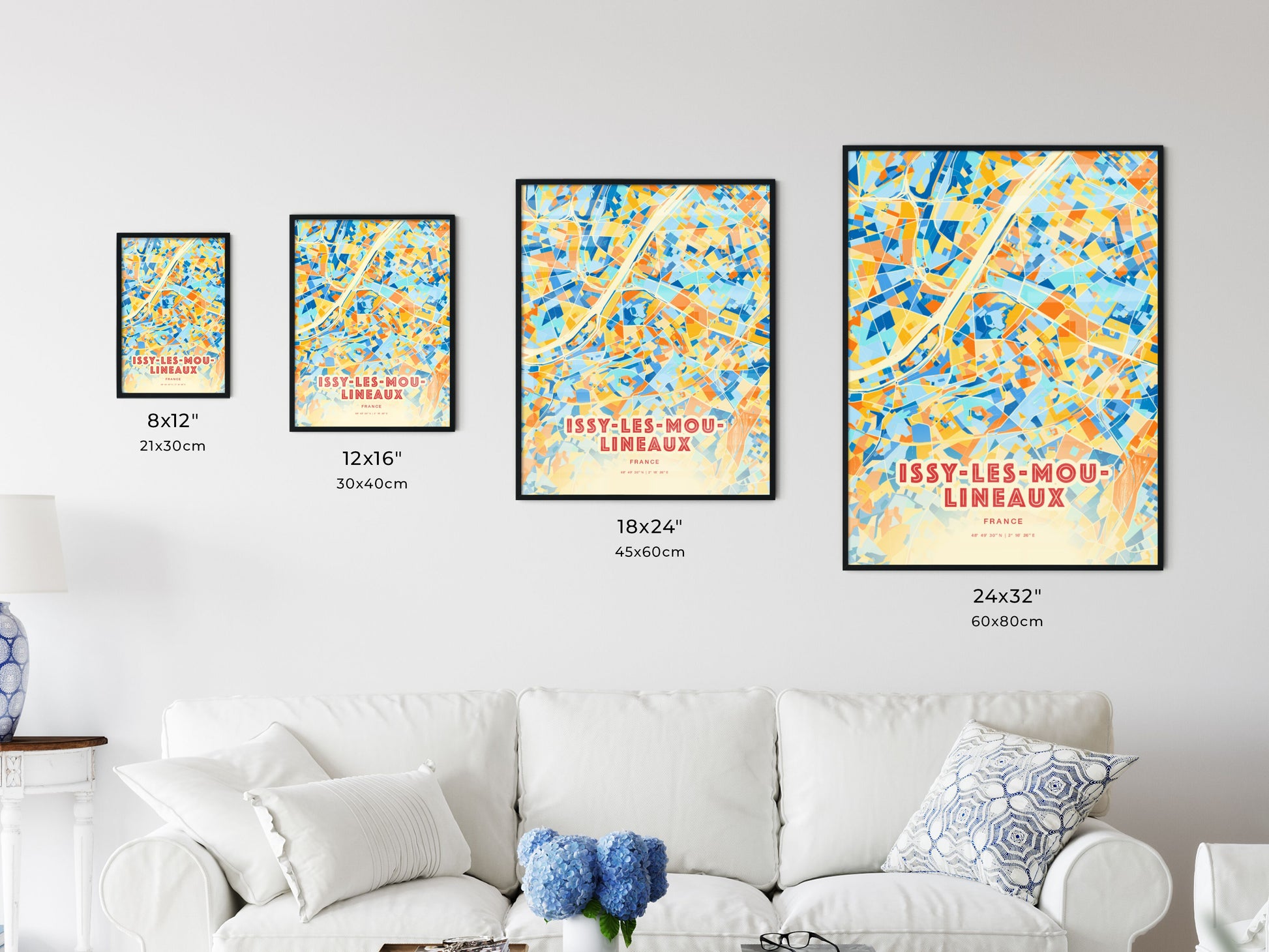 Colorful ISSY-LES-MOULINEAUX FRANCE Fine Art Map Blue Orange