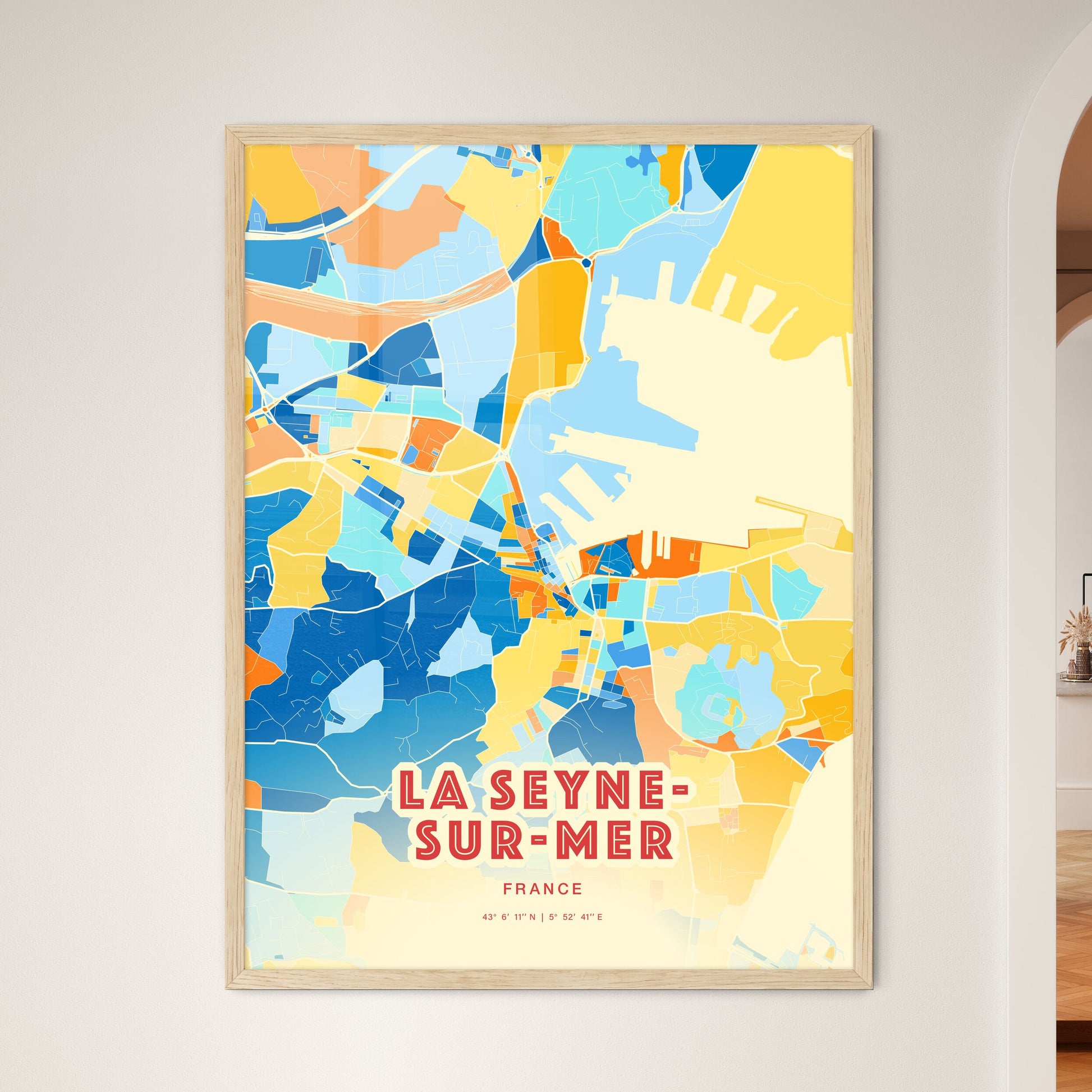 Colorful LA SEYNE-SUR-MER FRANCE Fine Art Map Blue Orange