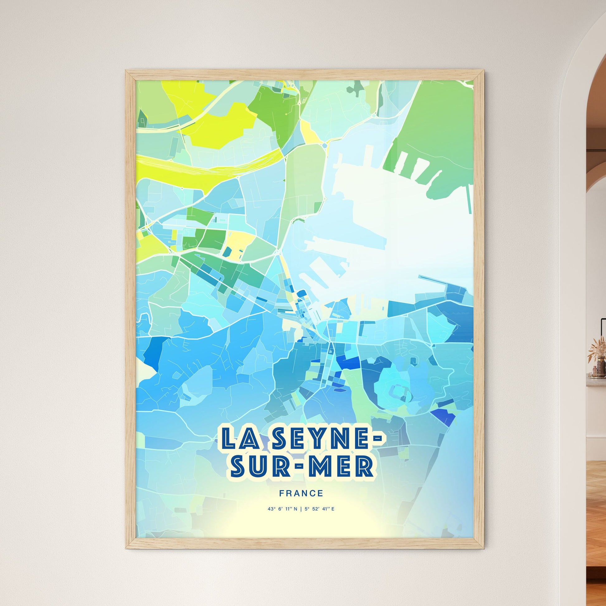 Colorful LA SEYNE-SUR-MER FRANCE Fine Art Map Cool Blue