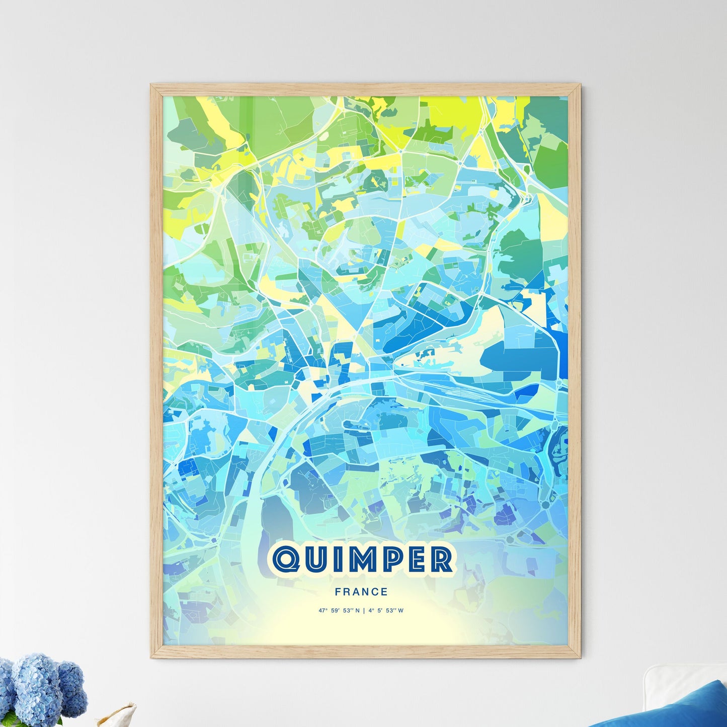 Colorful QUIMPER FRANCE Fine Art Map Cool Blue