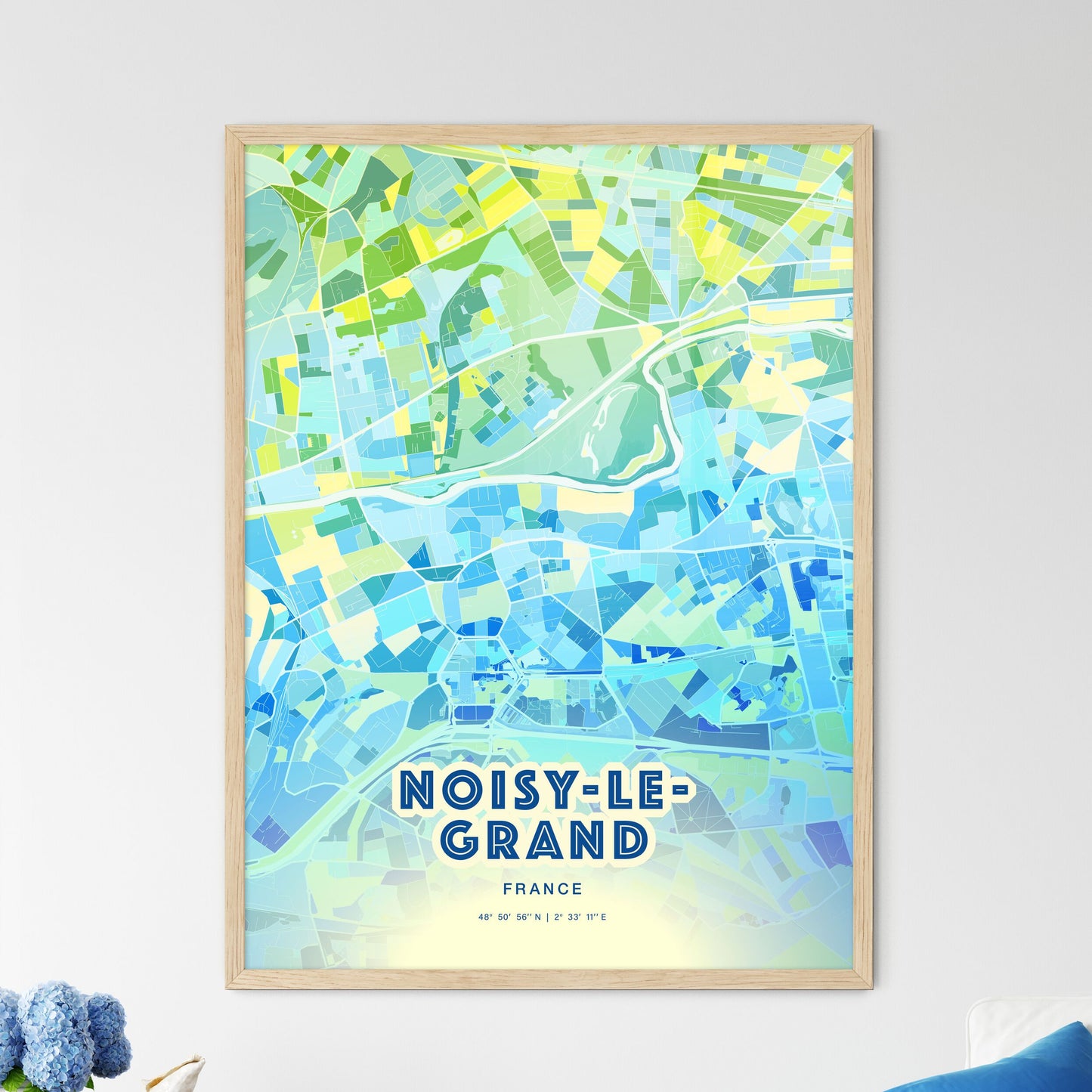 Colorful NOISY-LE-GRAND FRANCE Fine Art Map Cool Blue