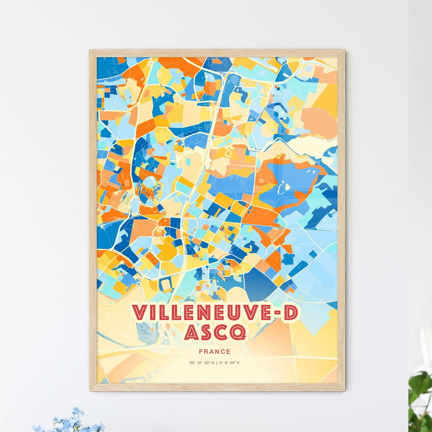 Colorful VILLENEUVE-D ASCQ FRANCE Fine Art Map Blue Orange