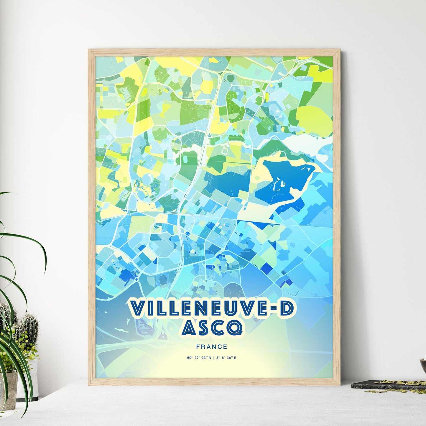 Colorful VILLENEUVE-D ASCQ FRANCE Fine Art Map Cool Blue