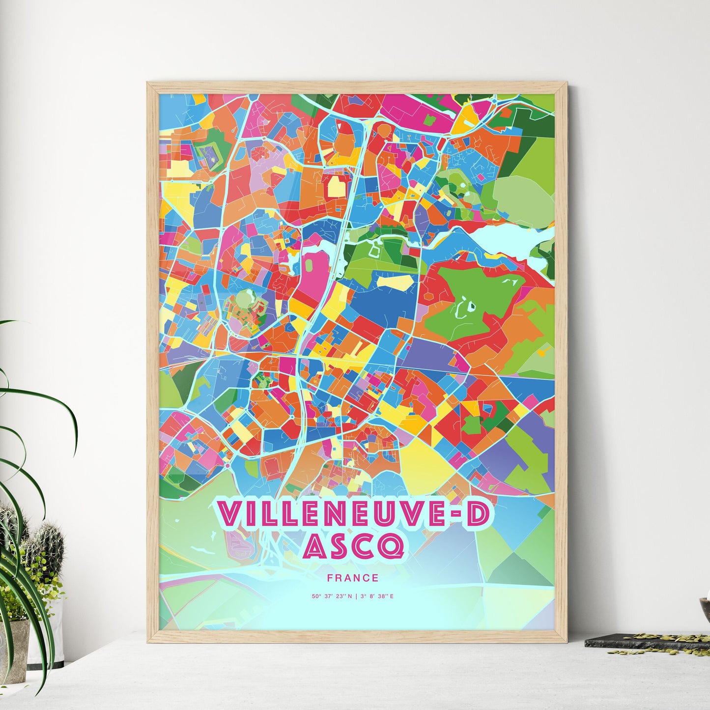 Colorful VILLENEUVE-D ASCQ FRANCE Fine Art Map Crazy Colors