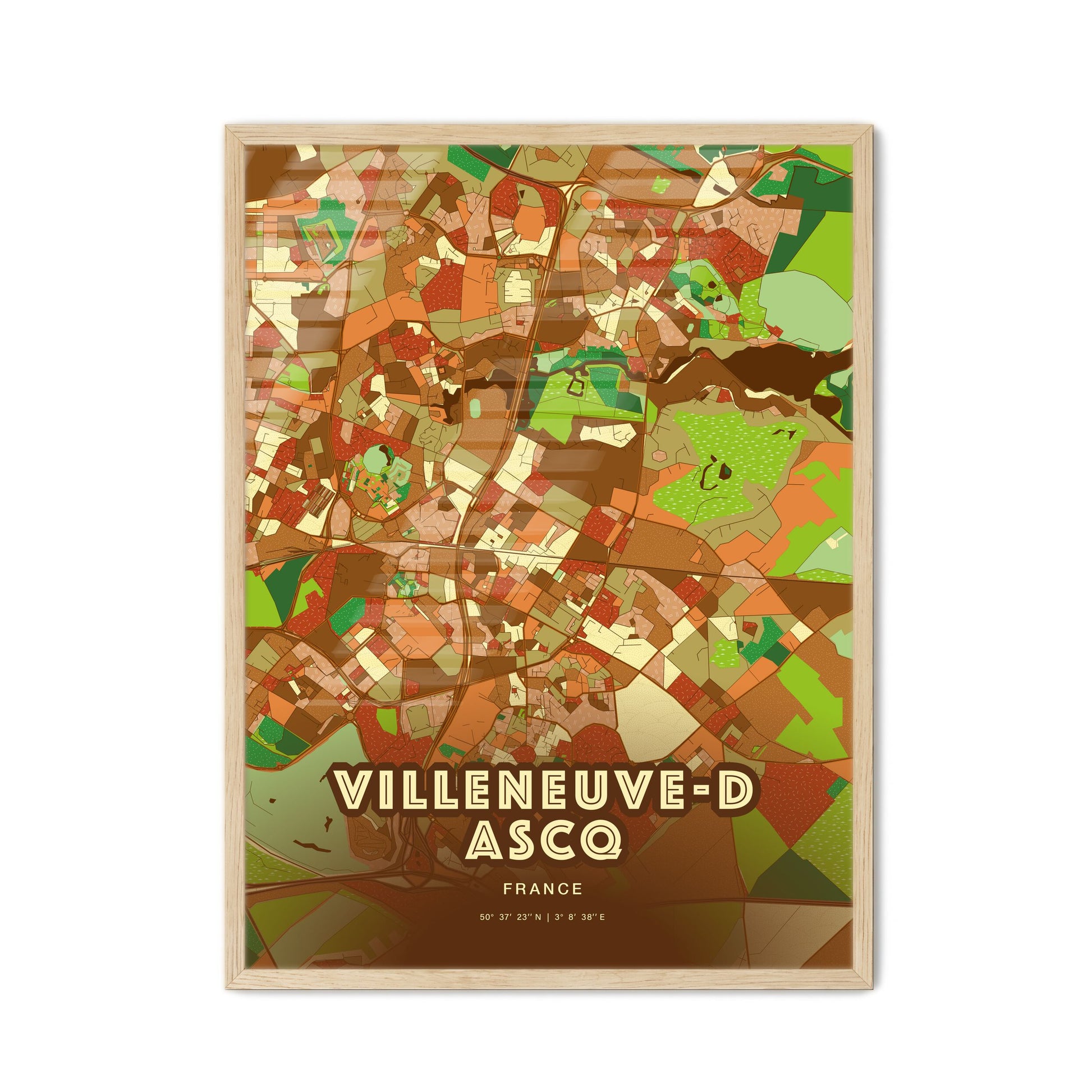 Colorful VILLENEUVE-D ASCQ FRANCE Fine Art Map Farmhouse