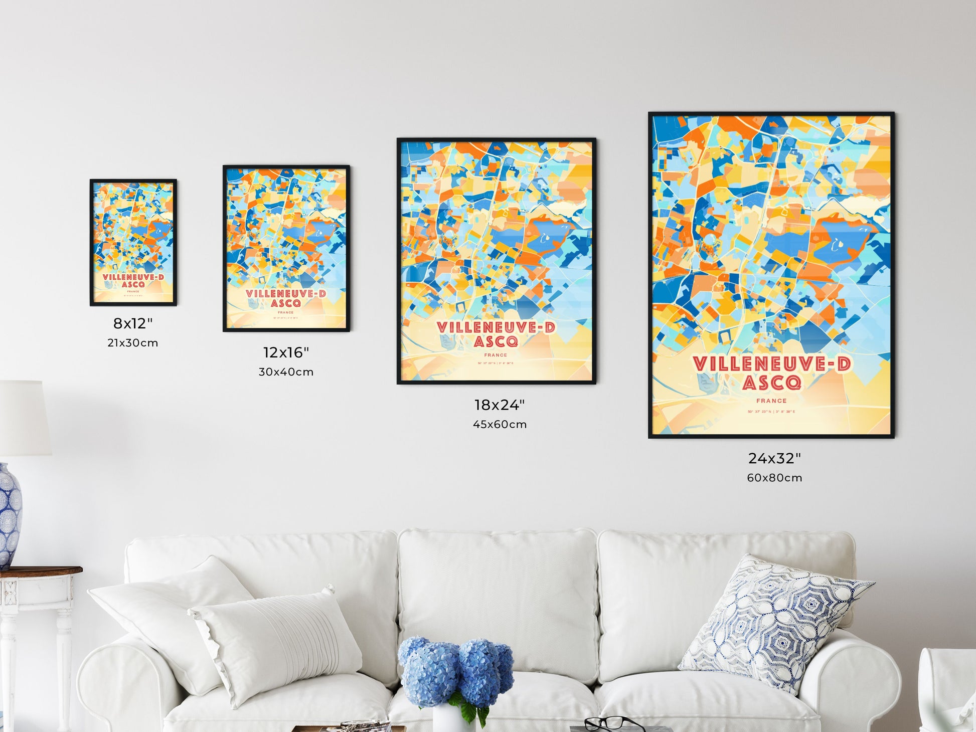 Colorful VILLENEUVE-D ASCQ FRANCE Fine Art Map Blue Orange