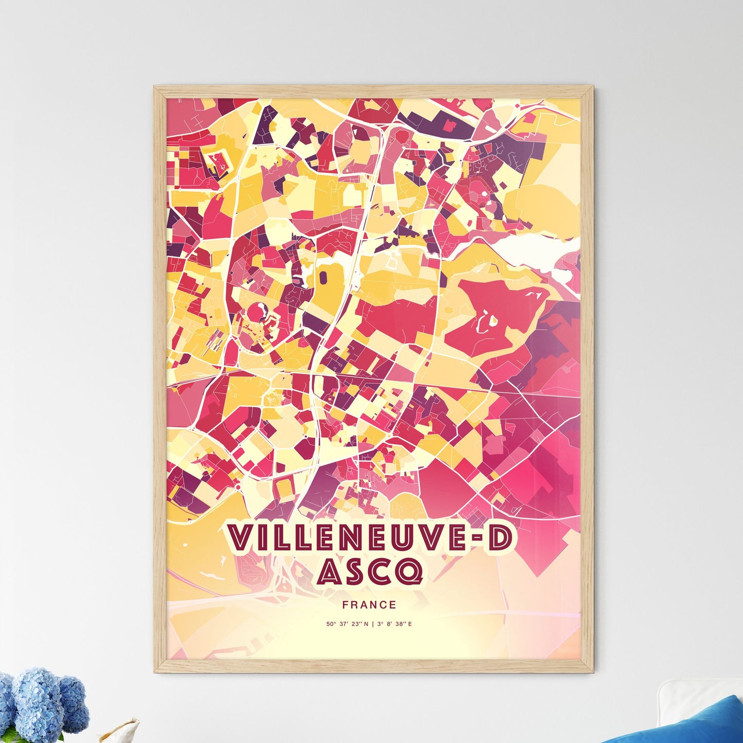 Colorful VILLENEUVE-D ASCQ FRANCE Fine Art Map Hot Red