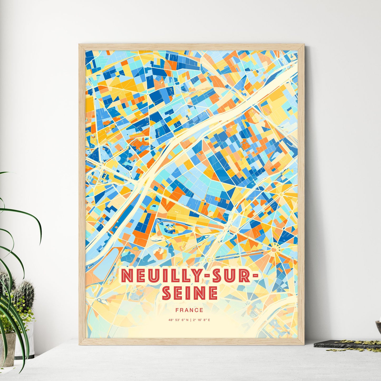 Colorful NEUILLY-SUR-SEINE FRANCE Fine Art Map Blue Orange