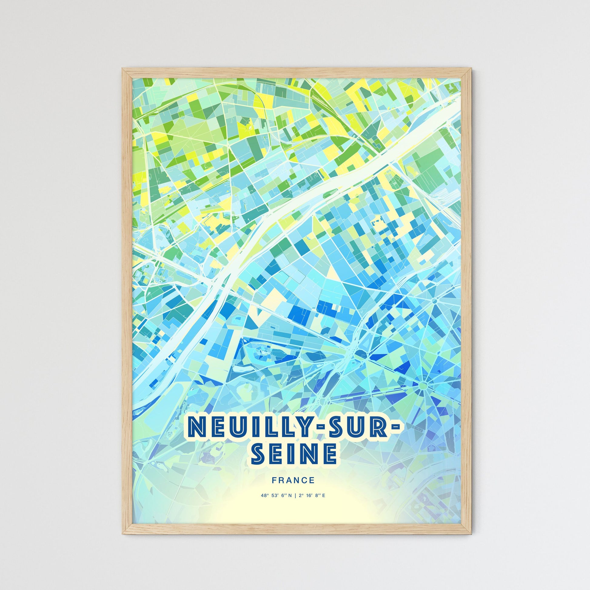 Colorful NEUILLY-SUR-SEINE FRANCE Fine Art Map Cool Blue