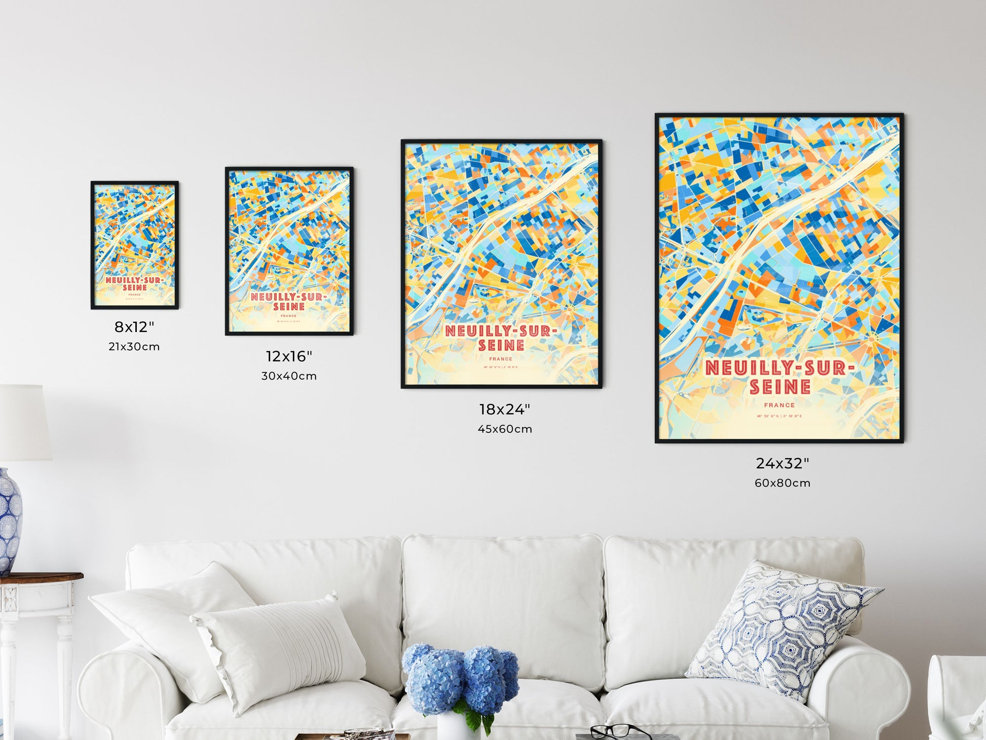 Colorful NEUILLY-SUR-SEINE FRANCE Fine Art Map Blue Orange