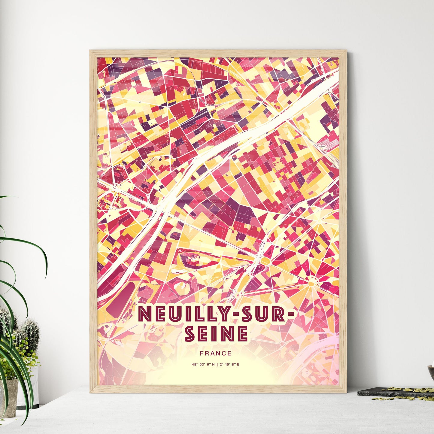 Colorful NEUILLY-SUR-SEINE FRANCE Fine Art Map Hot Red