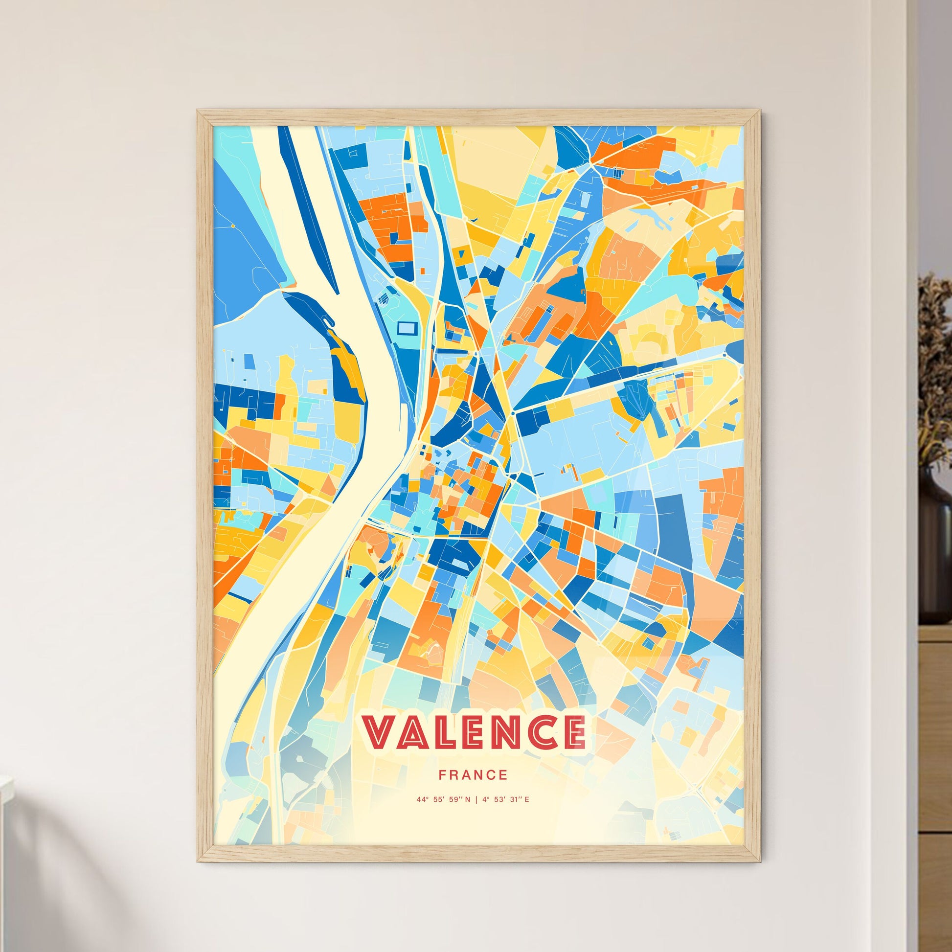 Colorful Valence France Fine Art Map Blue Orange