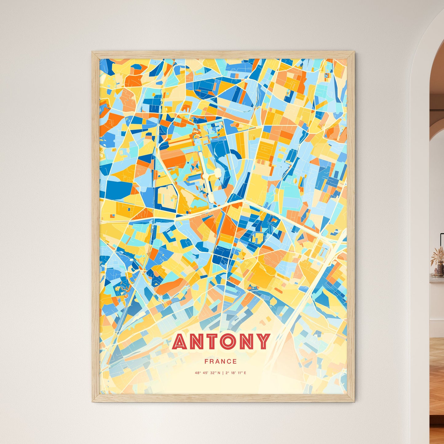 Colorful Antony France Fine Art Map Blue Orange