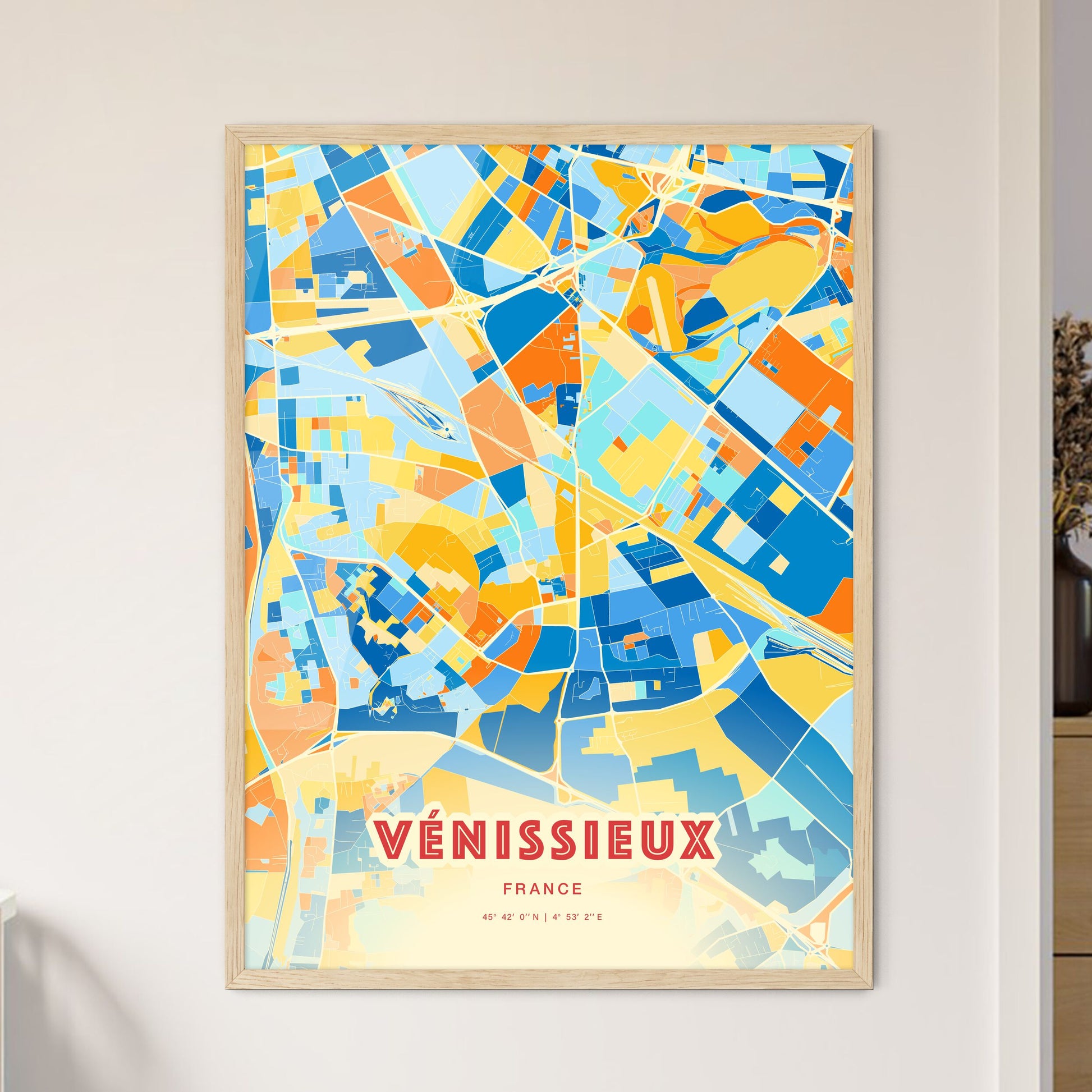 Colorful Vénissieux France Fine Art Map Blue Orange