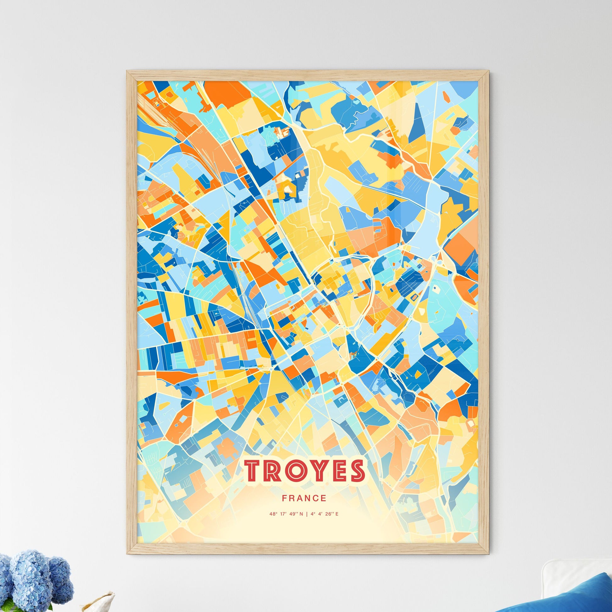 Colorful Troyes France Fine Art Map Blue Orange