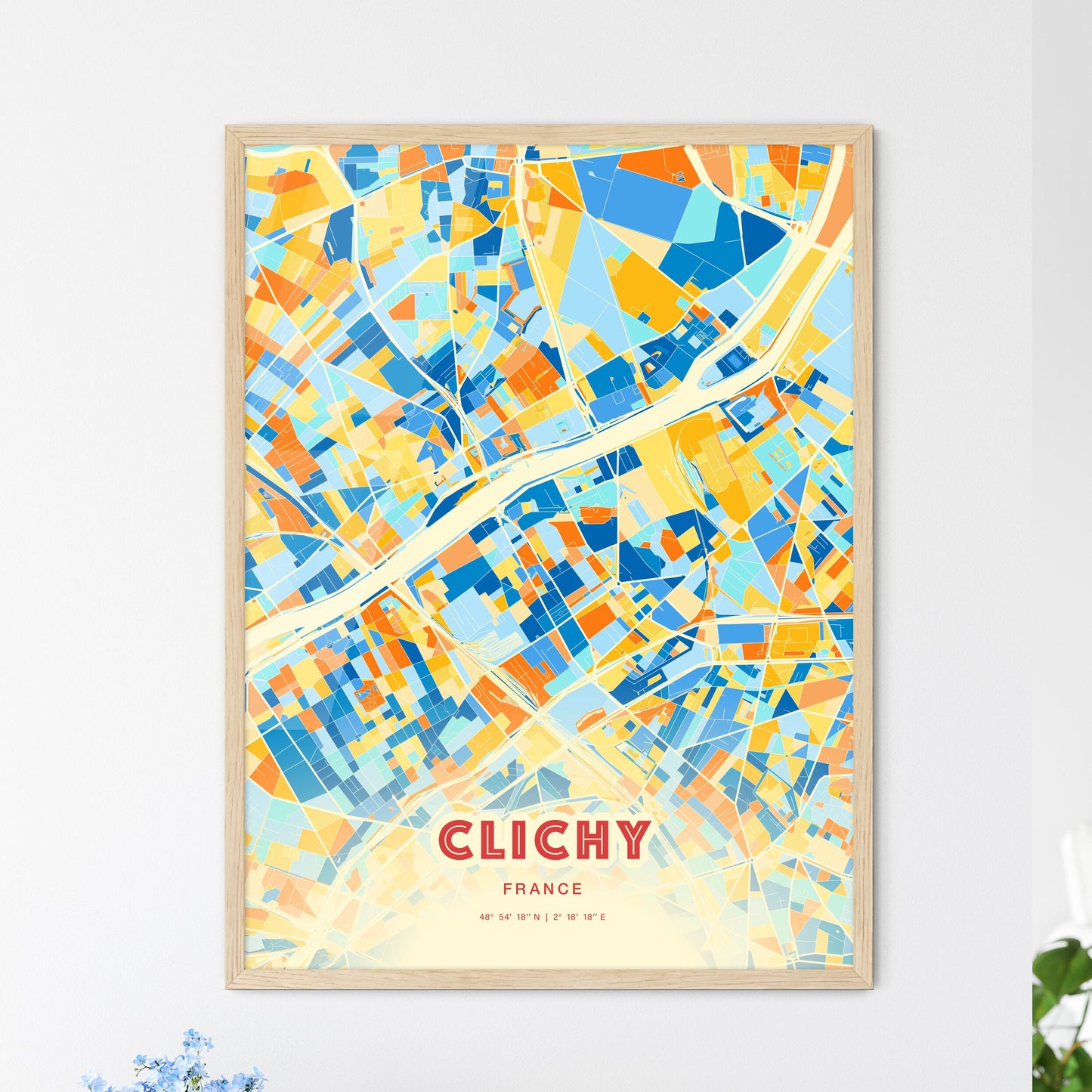 Colorful Clichy France Fine Art Map Blue Orange