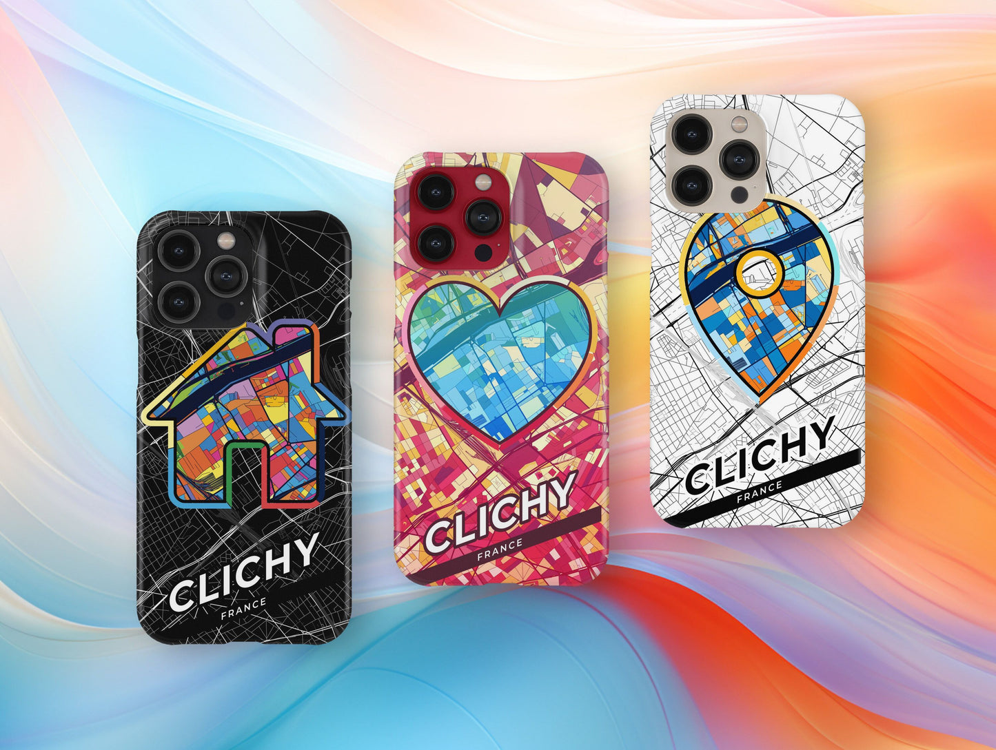 Clichy France slim phone case with colorful icon. Birthday, wedding or housewarming gift. Couple match cases.
