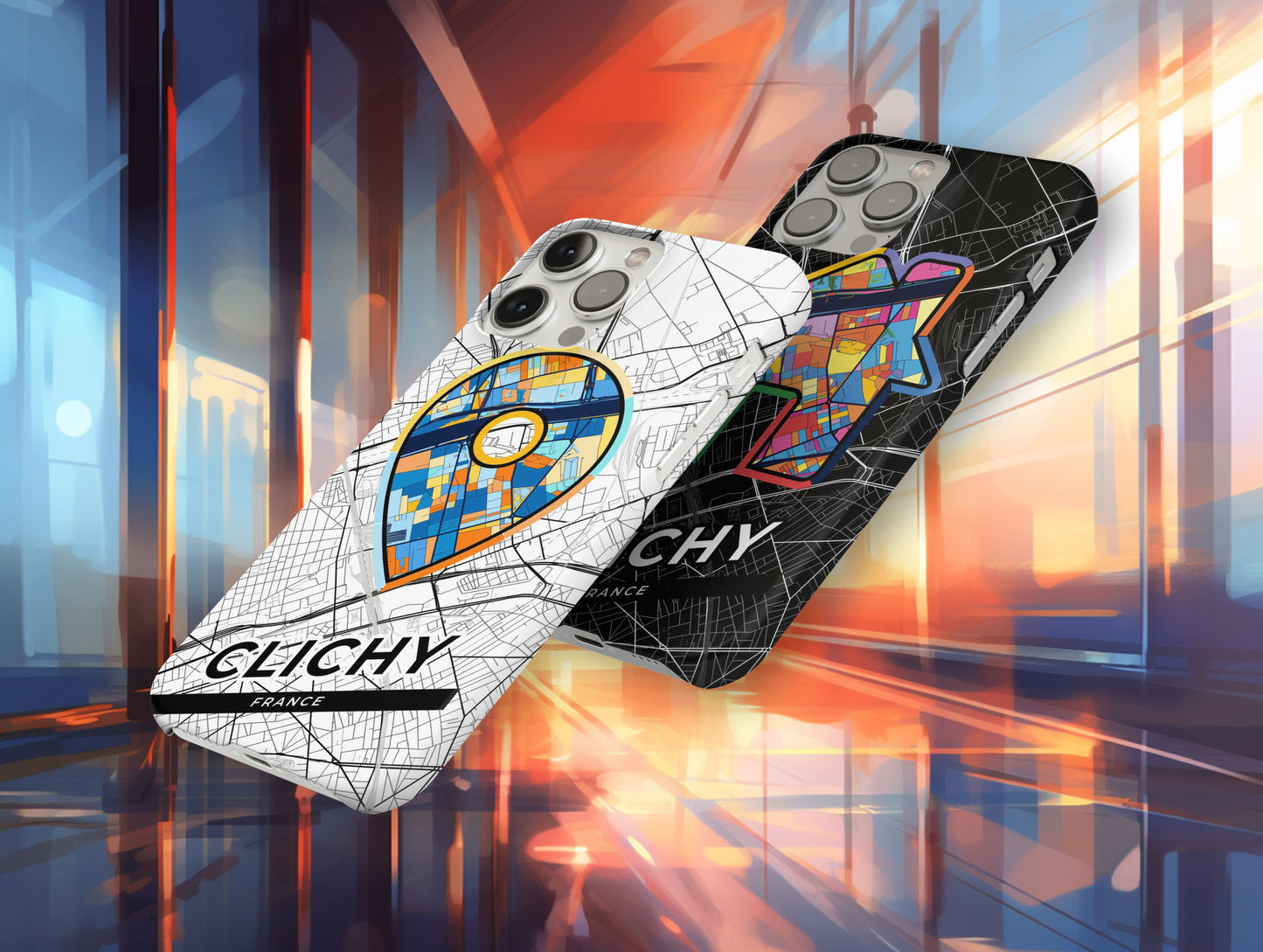 Clichy France slim phone case with colorful icon. Birthday, wedding or housewarming gift. Couple match cases.